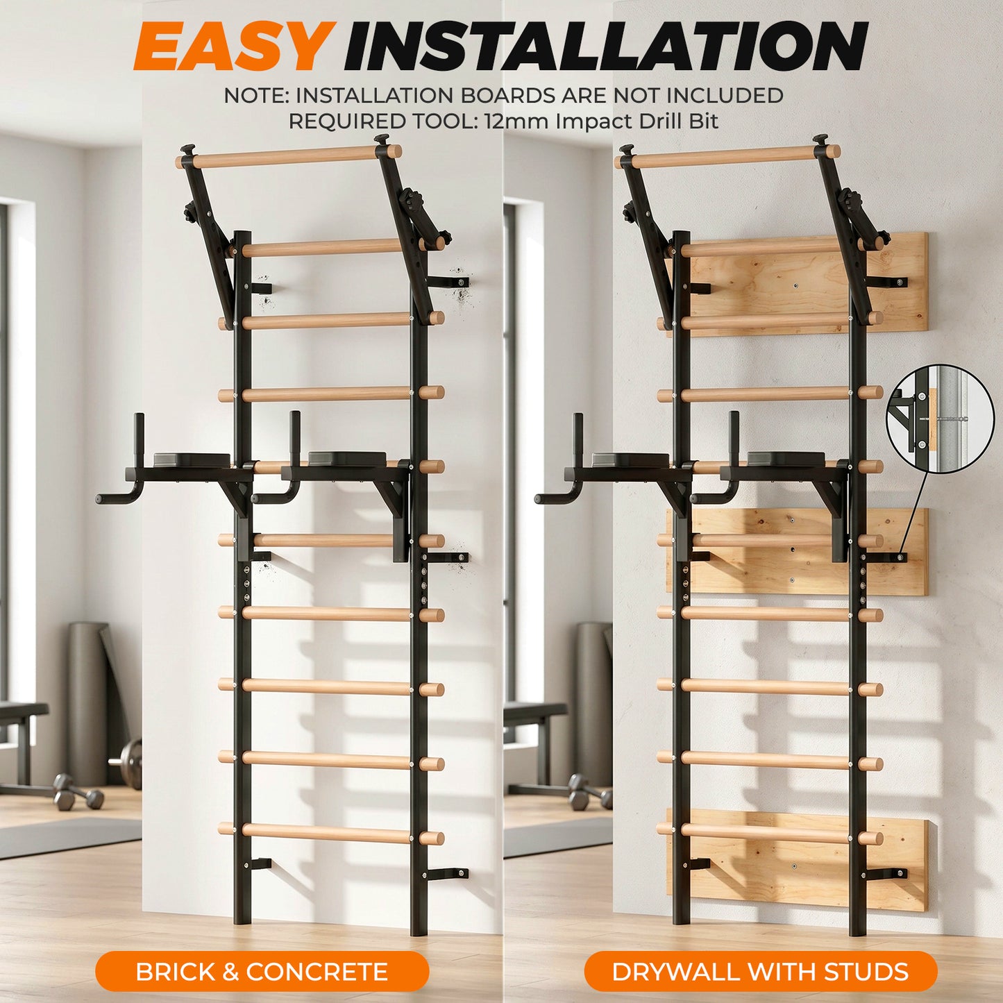 LIFERUN Swedish Ladder Wall Gym, 92" Solid Beechwood Stall Bars, 264lbs Capacity, Adjustable Pull-Up & Dip Bar Attachments, Wall Mounted, 9 Anchor Rods for Home, School, Physical Therapy, Gymnastics