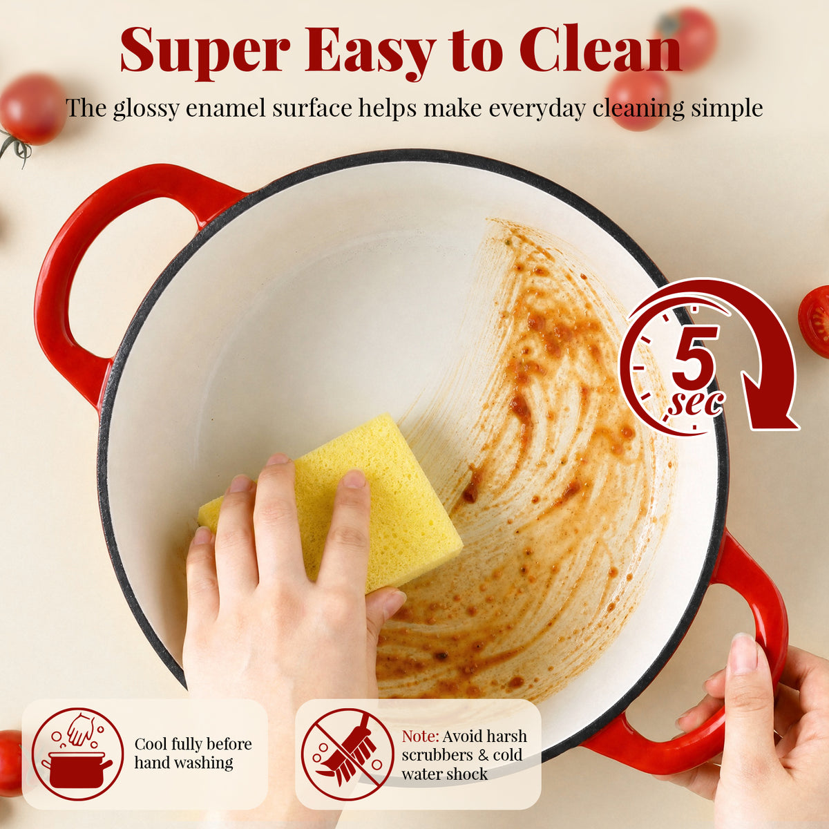 LIFERUN 5Pcs Enameled Cast Iron Cookware Set, Cast Iron Pots and Pans Set, Compatible with Gas, Electric & Induction, Red
