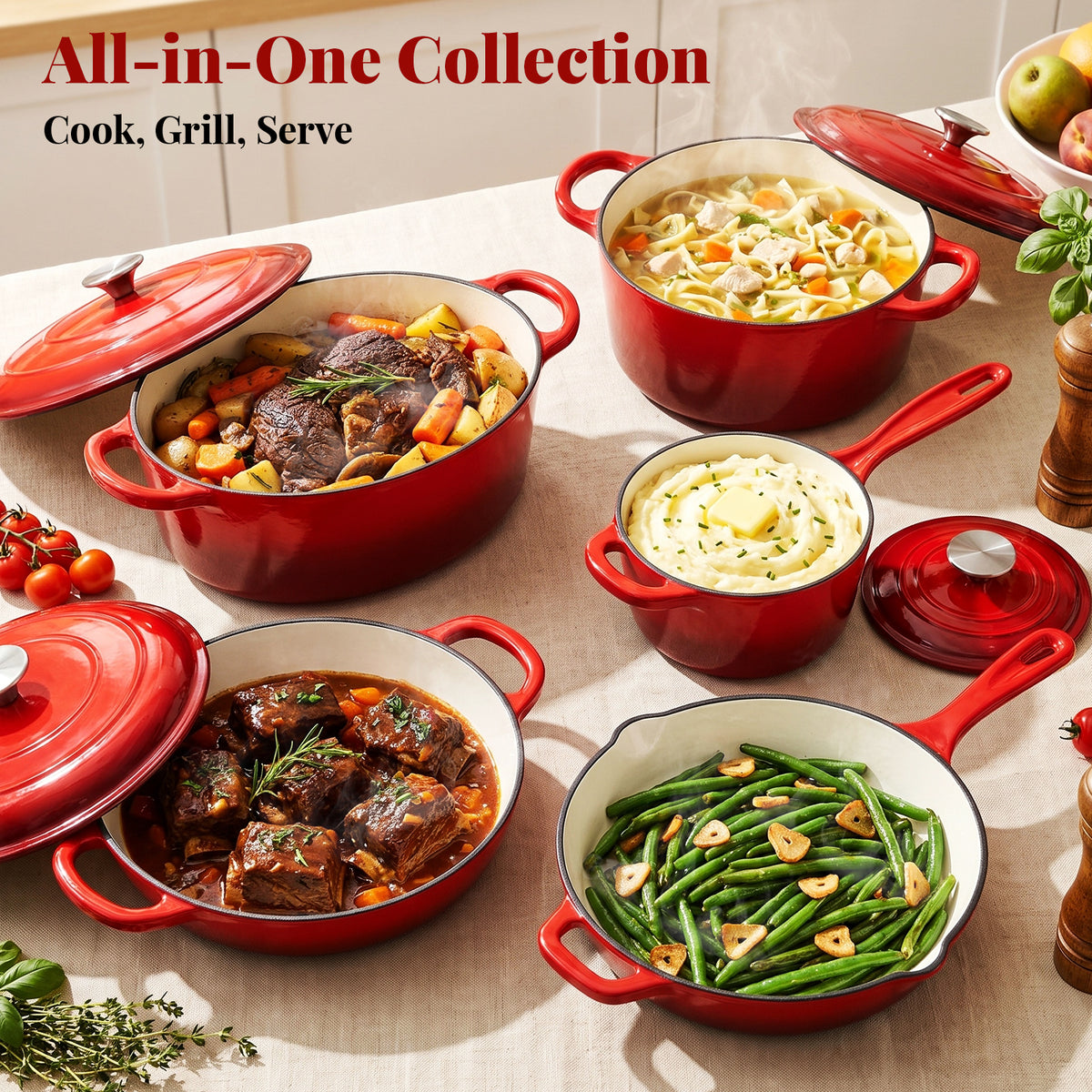LIFERUN 9Pcs Enameled Cast Iron Cookware Set, Cast Iron Pots and Pans Set, Compatible with Gas, Electric & Induction, Red