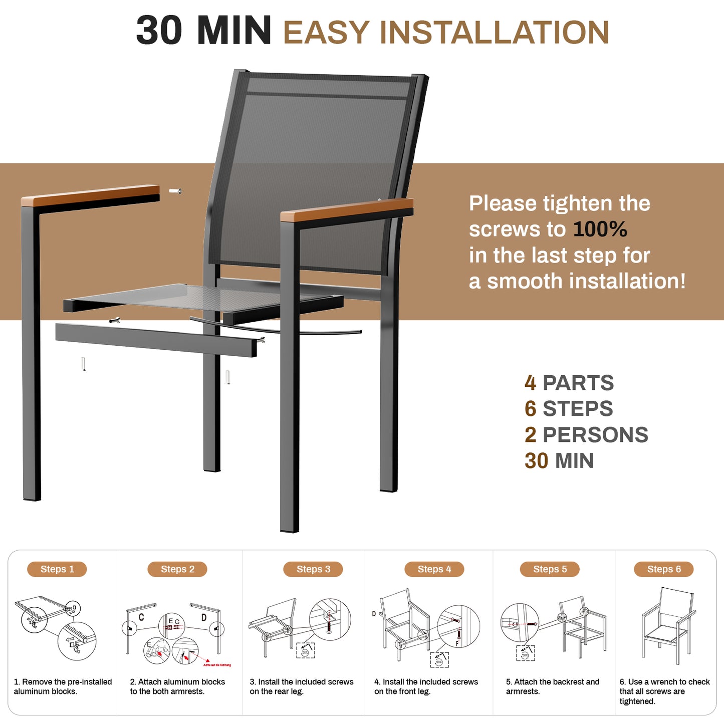 LIFERUN Patio Chairs Set of 2, Stackable Aluminum Dining Chair with Textilene Fabric & WPC Handrail, 17" Seat Height, All Weather Outdoor Chair for Poolside, Balcony, Terrace & Restaurants, Black