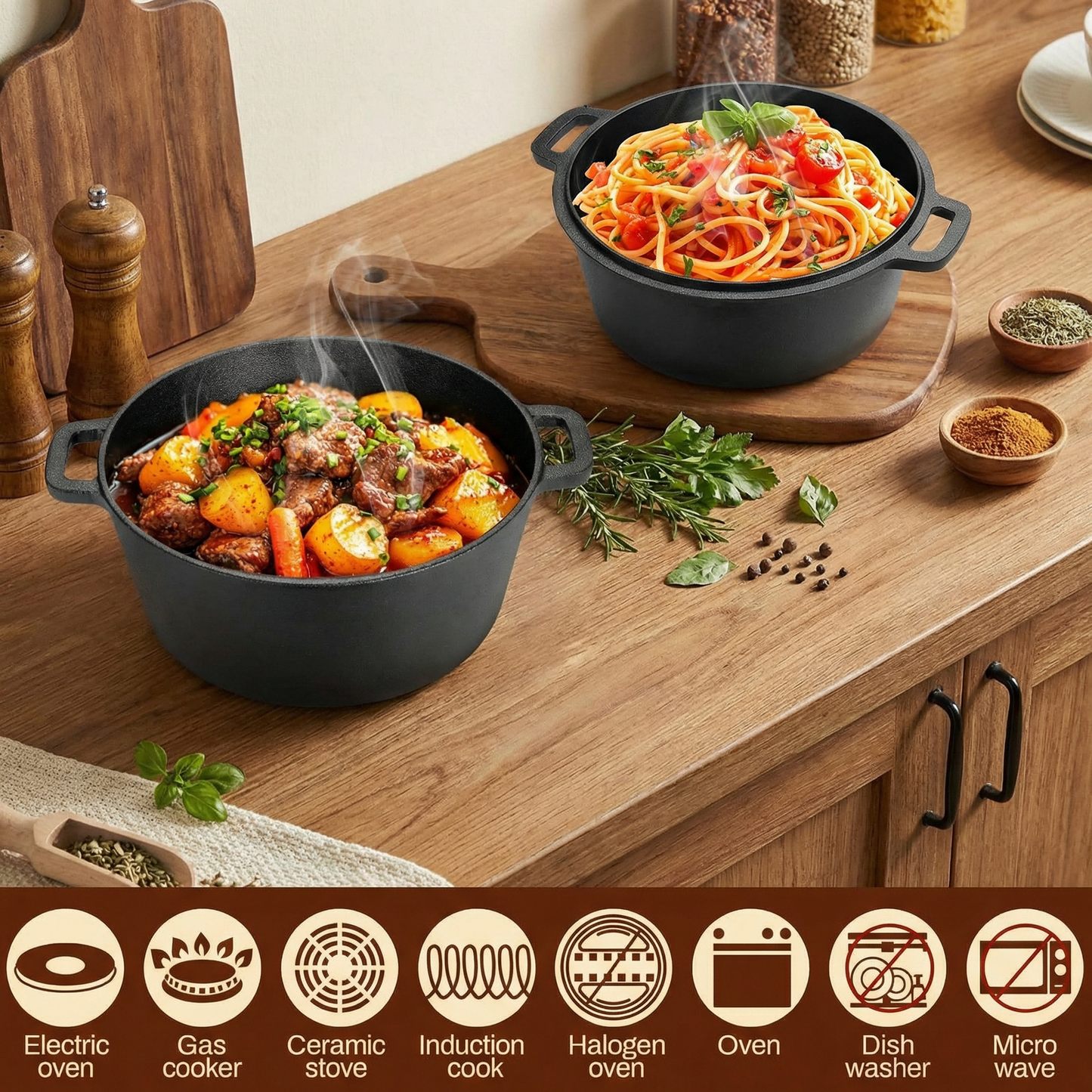 LIFERUN Cast Iron Dutch Oven Pot with Lid, Pot (5.1QT) and Lid as a Skillet(1.9QT) - Dutch Oven Cast Iron with Silicone Holders, Iron Stand, for Oven, Stove, Grill，Campfire