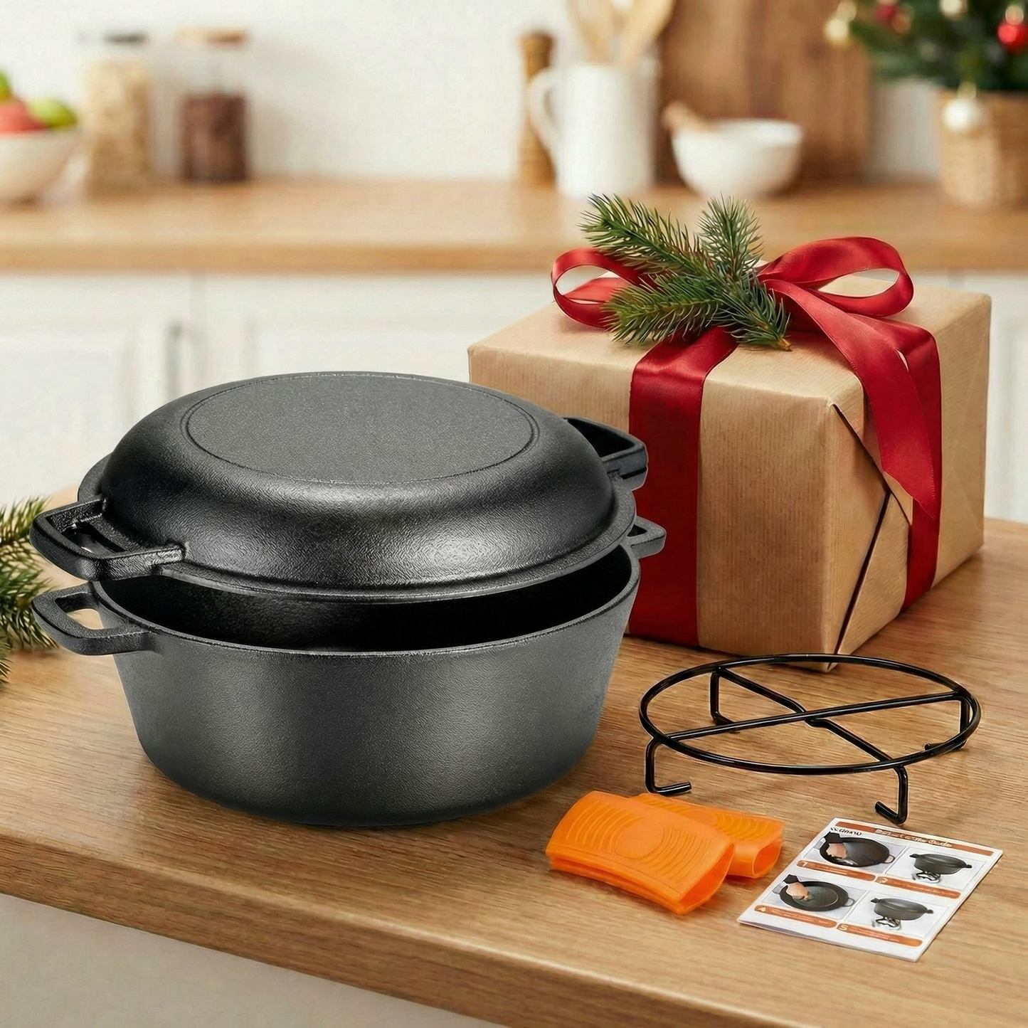 LIFERUN Cast Iron Dutch Oven Pot with Lid, Pot (5.1QT) and Lid as a Skillet(1.9QT) - Dutch Oven Cast Iron with Silicone Holders, Iron Stand, for Oven, Stove, Grill，Campfire