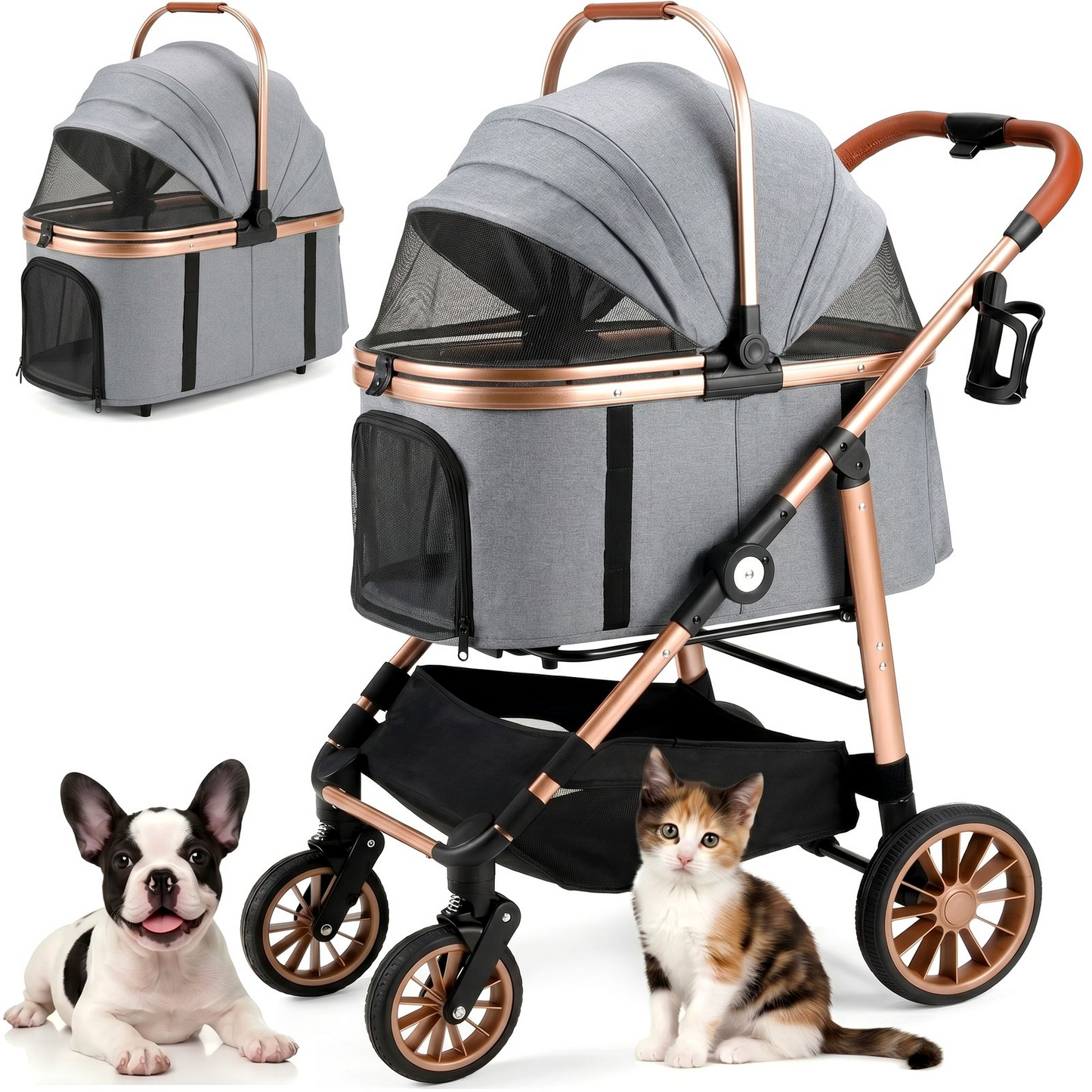 LIFERUN Foldable 4 Wheels Pet Stroller for Small/Medium Dogs Cats up to 55lbs, 3-in-1 Dog Stroller, Detachable Carrier and One-Click Folding Design, Travel Puppy Cart