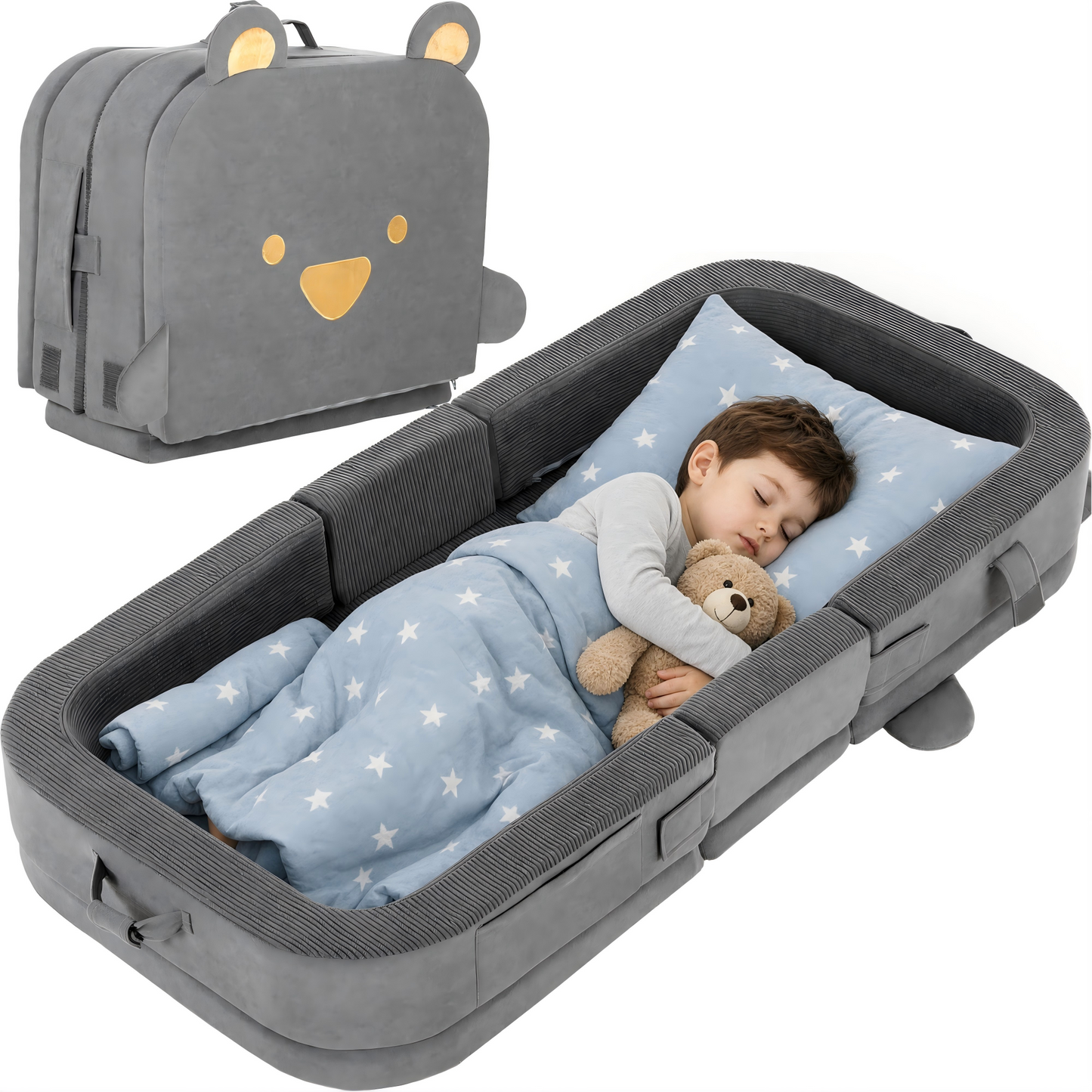 LIFERUN Toddler Travel Bed,Foldable Portable Toddler Floor Bed with Soft Foam for Baby and Kids Aged 1-4,Washable Cover Travel Crib with Safety Rail for Home,Hotel,Family Visits,Camping