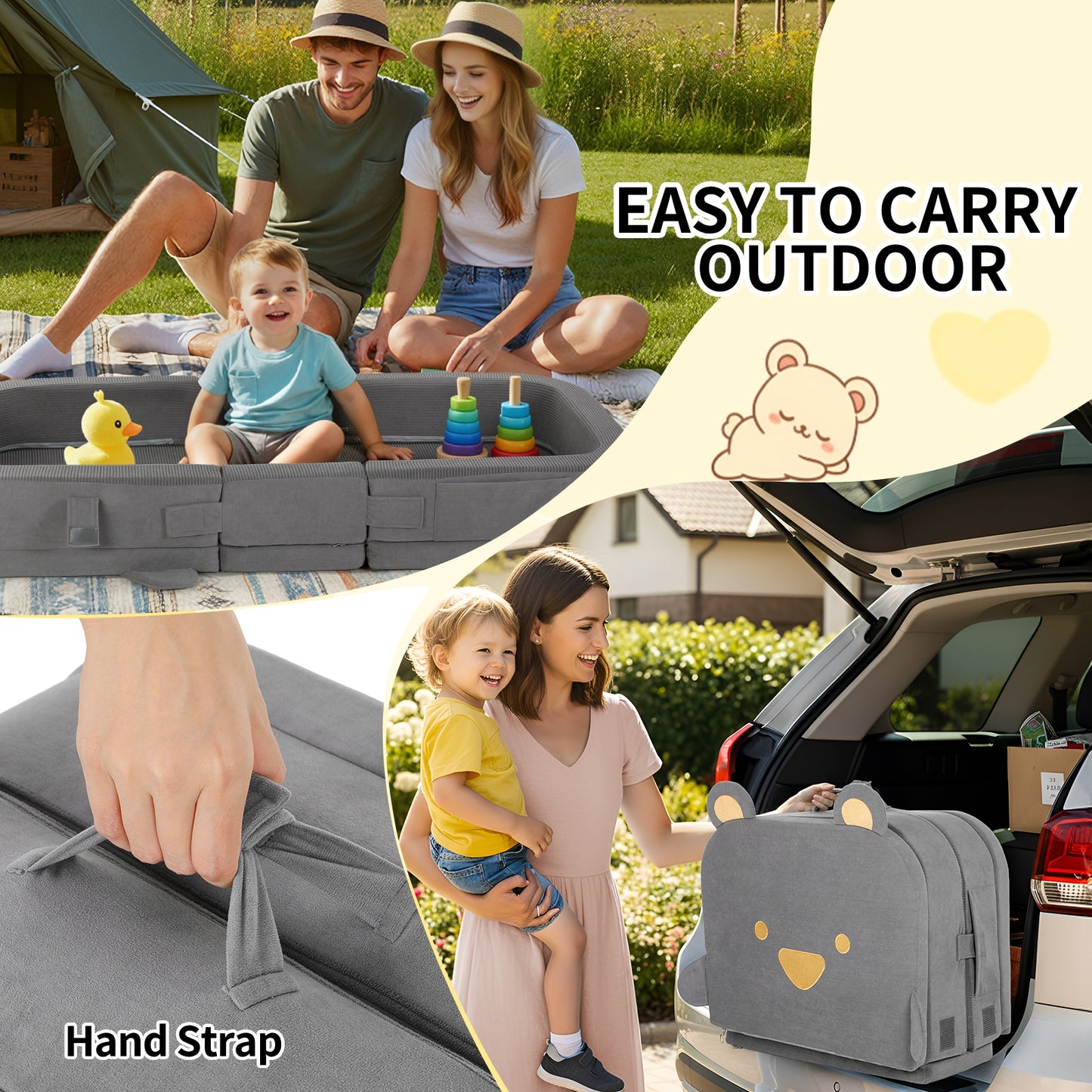 LIFERUN Toddler Travel Bed,Foldable Portable Toddler Floor Bed with Soft Foam for Baby and Kids Aged 1-4,Washable Cover Travel Crib with Safety Rail for Home,Hotel,Family Visits,Camping
