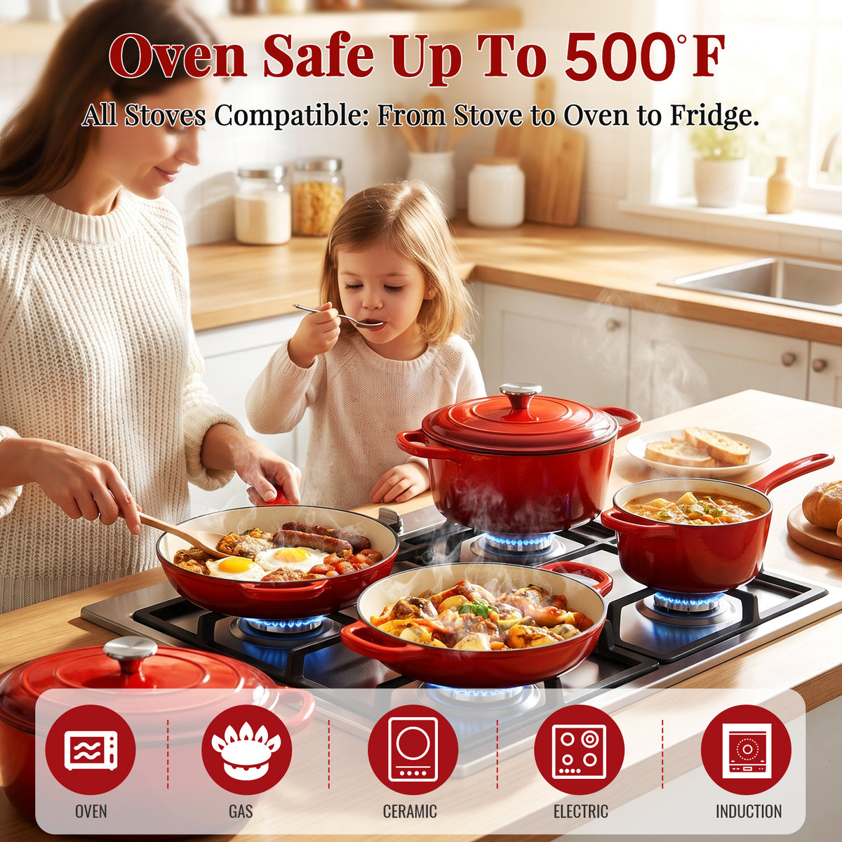 LIFERUN 9Pcs Enameled Cast Iron Cookware Set, Cast Iron Pots and Pans Set, Compatible with Gas, Electric & Induction, Red