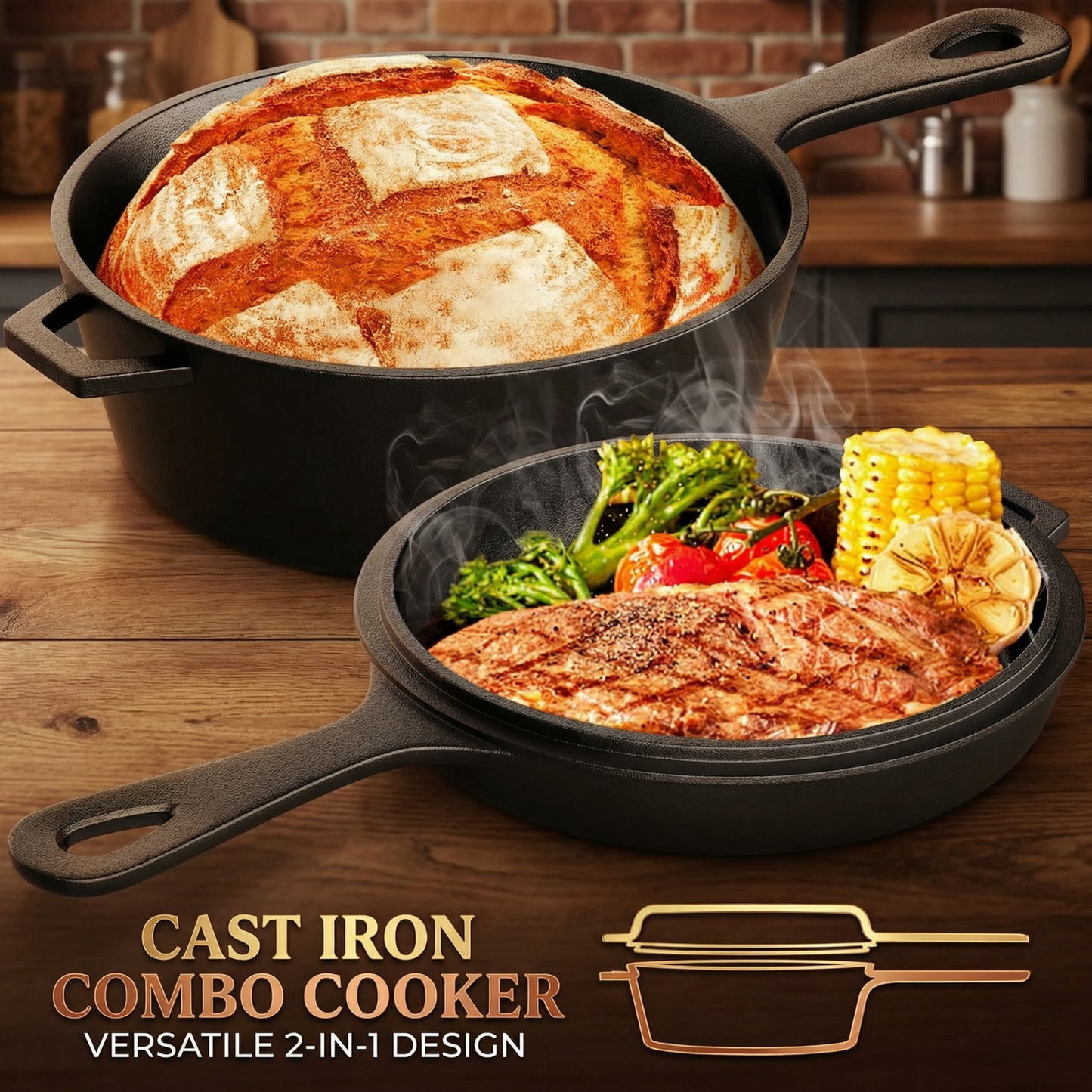 LIFERUN 2-in-1 Cast Iron Dutch Oven Pot, with Skillet & Lid - 2.9 Qt Deep Pot + 1.27 Qt Frying Pan, Easy Clean, for Oven, Stove, Grill, Campfire