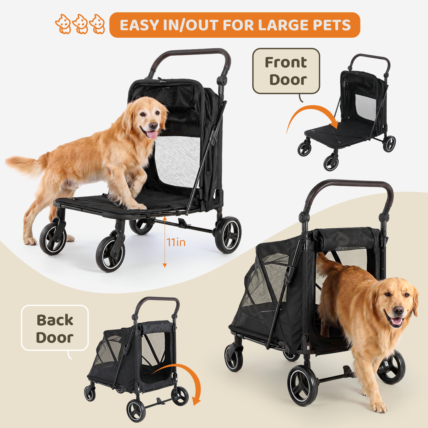 LIFERUN Pet Stroller for Medium & Large Dogs,  Foldable Dog Stroller for 2 Small Dogs (Up to 66lbs), All Terrain Dog Wagon Stroller with Dual Entry, One-Step Brake & Adjustable Handle