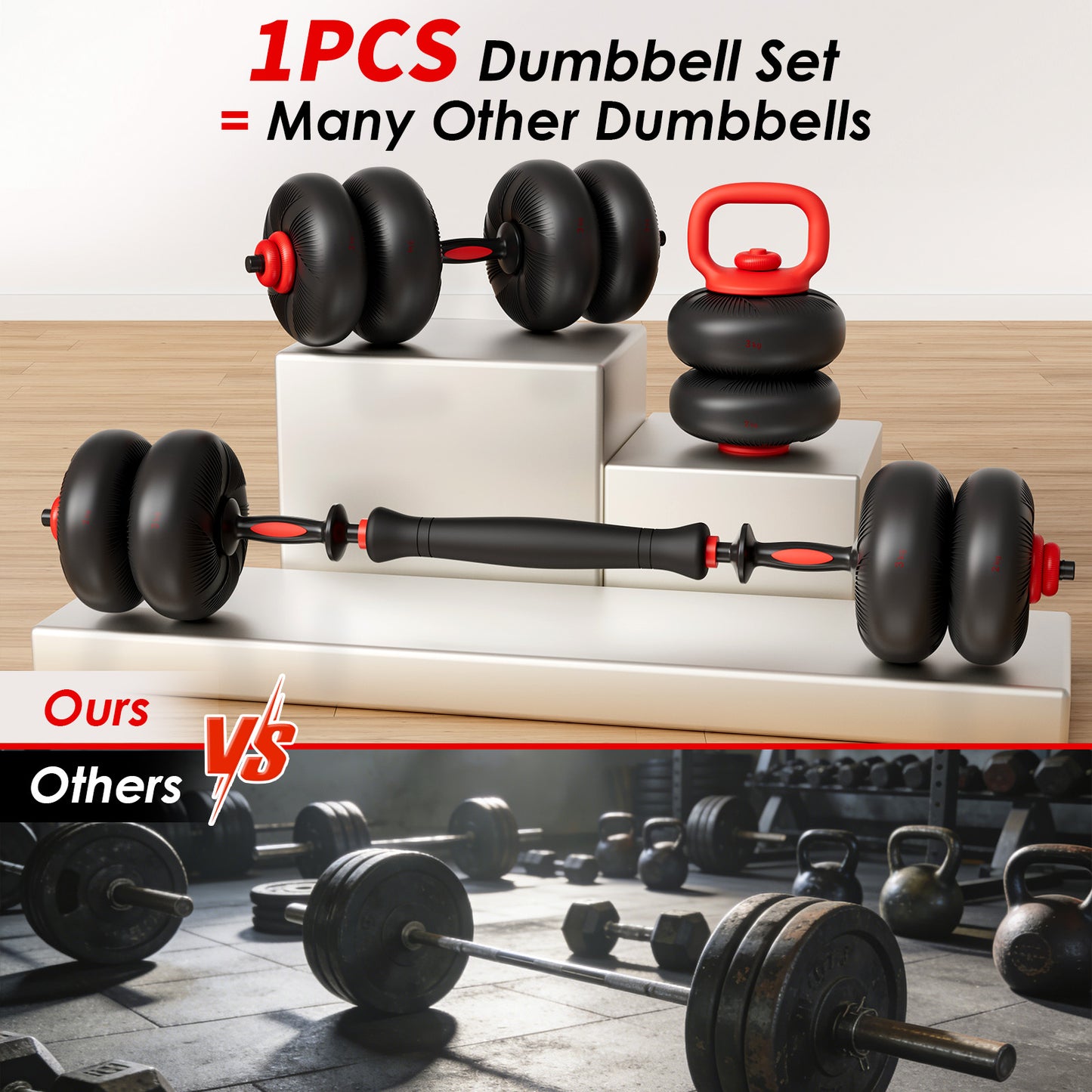 LIFERUN Adjustable Dumbbell Set, Soft PVC Coated, 45lbs/67lbs Free Weight Set Home Gym, 4-in-1 Used as Barbell, Dumbbells, Kettlebell, Weight Plates,Red