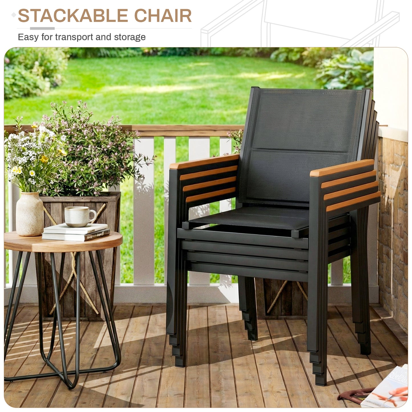 LIFERUN Patio Chairs Set of 6, Stackable Aluminum Outdoor Chair with Quilted Textilene & WPC Handrail, 17" Seat Height, All Weather Chair for Patio, Balcony, Poolside & Restaurants, Black