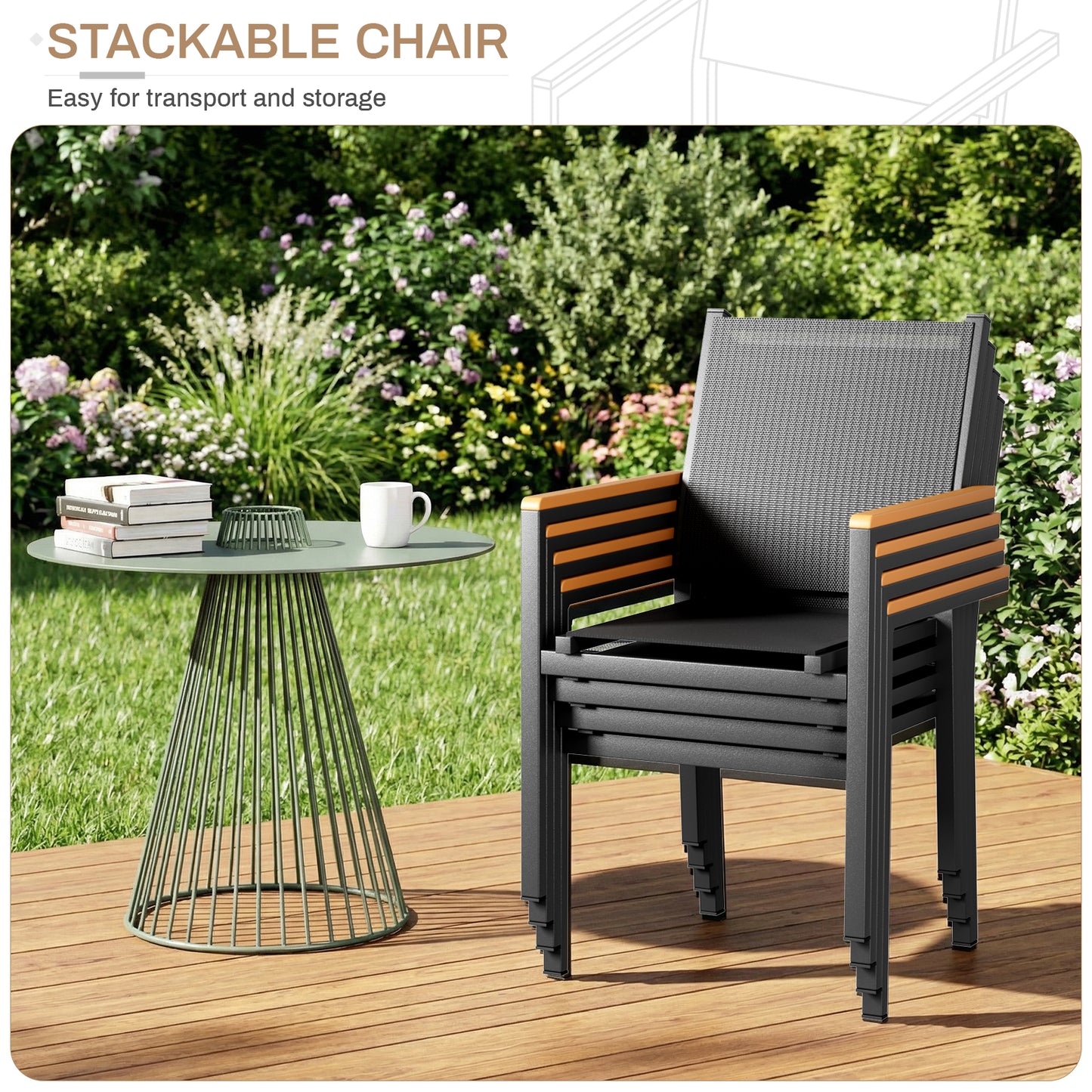 LIFERUN Patio Chairs Set of 2, Stackable Aluminum Dining Chair with Textilene Fabric & WPC Handrail, 17" Seat Height, All Weather Outdoor Chair for Poolside, Balcony, Terrace & Restaurants, Black