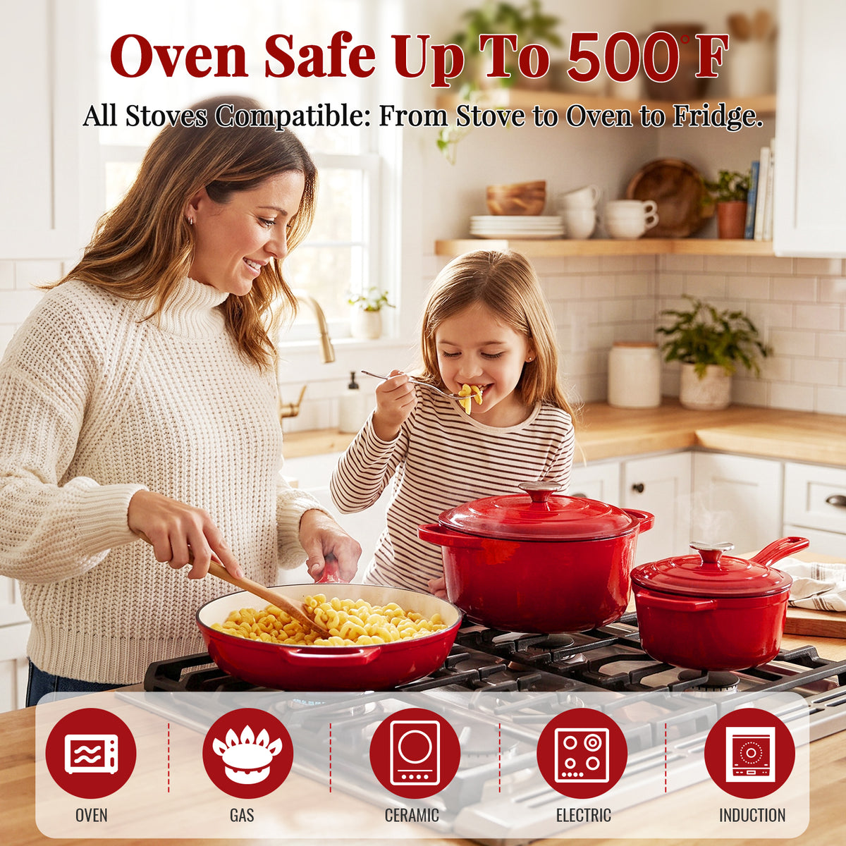 LIFERUN 5Pcs Enameled Cast Iron Cookware Set, Cast Iron Pots and Pans Set, Compatible with Gas, Electric & Induction, Red