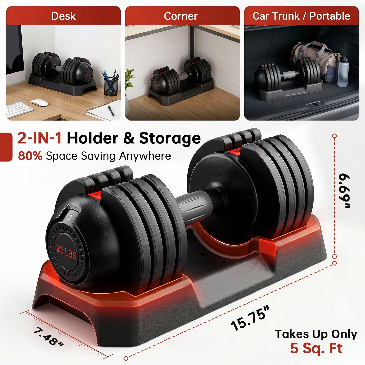 LIFERUN Adjustable Dumbbells Set with 5 Weight Levels, Single 25 LB Dumbbells with Storage Base, 1-Second Dial Adjustment, Space Saving for Men & Women, for Beginners & Body Shaping Home Training