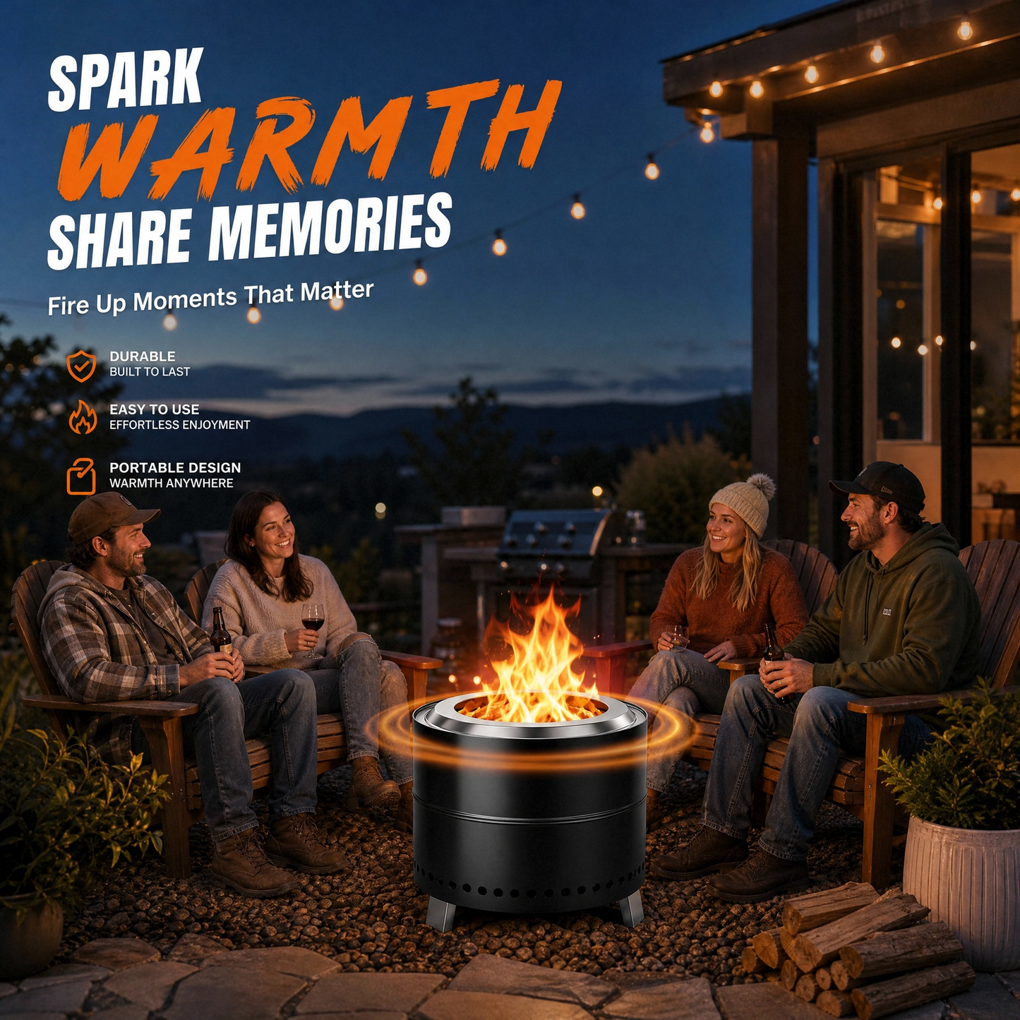 LIFERUN 19.3" Smokeless Stainless Steel Outdoor Fire Pit with Grill & Legs, Portable Fire Pit for Camping & Patio, Wood Burning, with Carrying Bag & Fire Poker