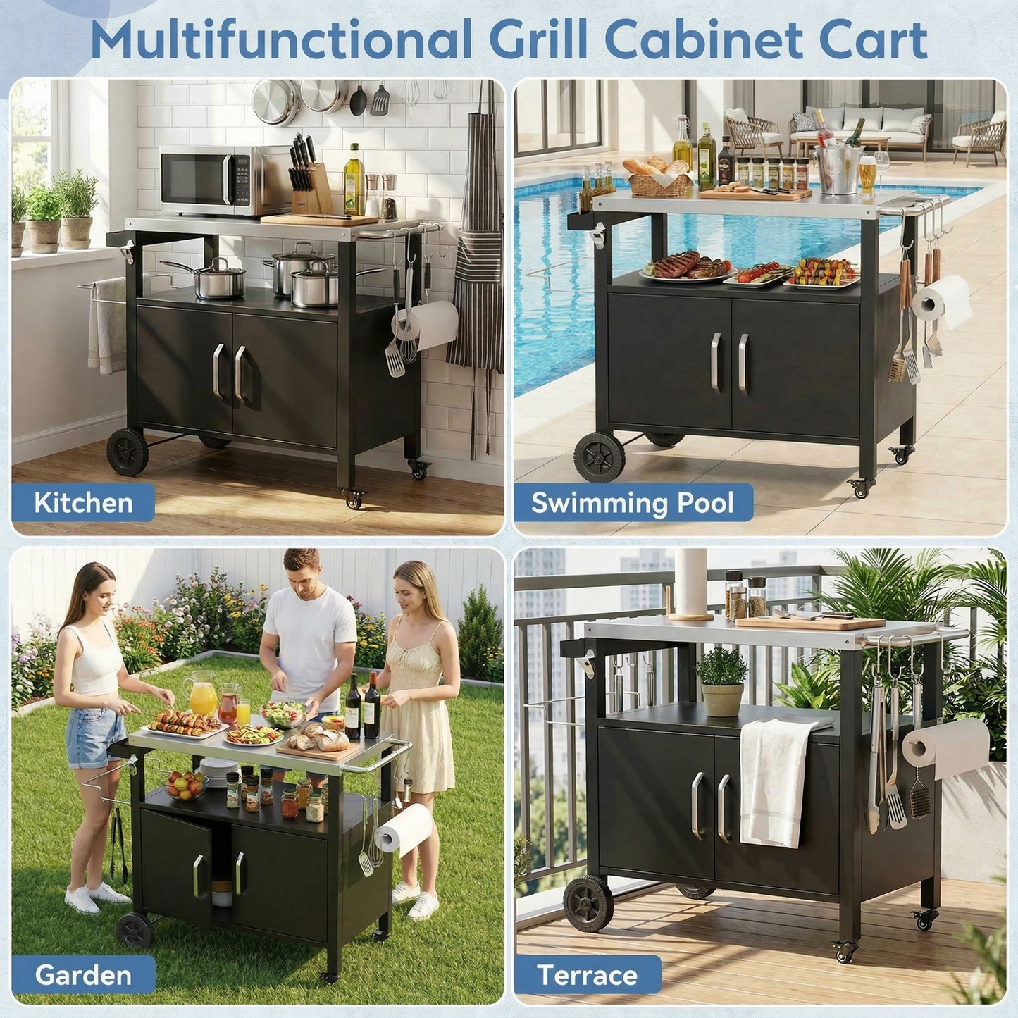 LIFERUN Outdoor Grill Cart with Storage Cabinet, Outdoor Grill Station with Stainless Steel Top, for Outside Dining, BBQ Food Prep