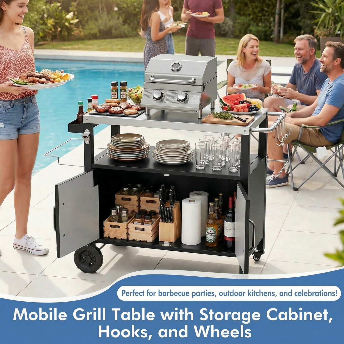 LIFERUN Outdoor Grill Cart with Storage Cabinet, Outdoor Grill Station with Stainless Steel Top, for Outside Dining, BBQ Food Prep