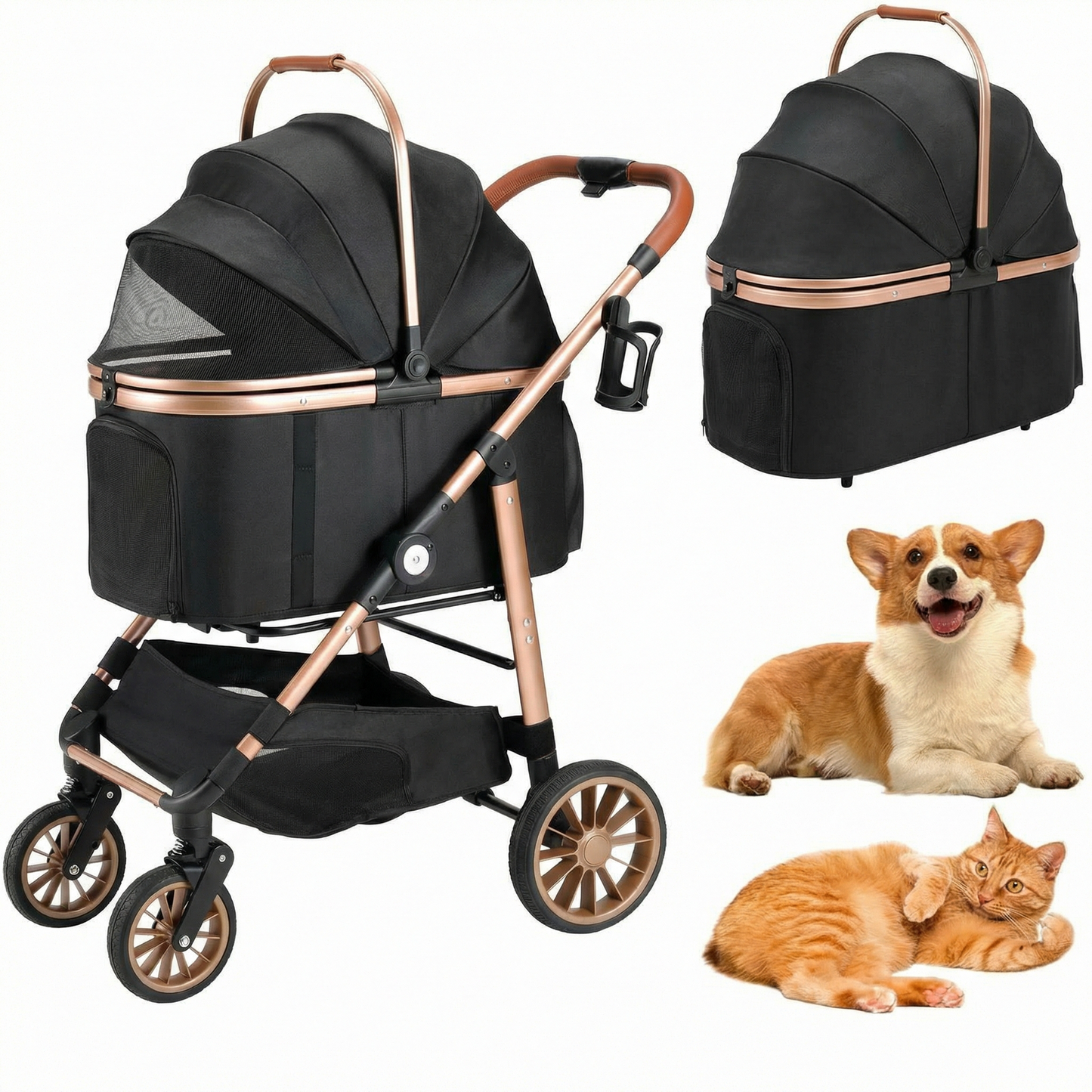 LIFERUN Foldable 4 Wheels Pet Stroller for Small/Medium Dogs Cats up to 55lbs, 3-in-1 Dog Stroller, Detachable Carrier and One-Click Folding Design, Travel Puppy Cart
