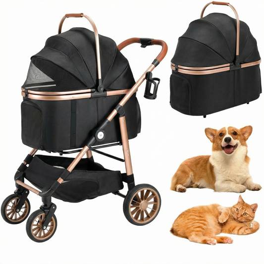 LIFERUN Foldable 4 Wheels Pet Stroller for Small/Medium Dogs Cats up to 55lbs, 3-in-1 Dog Stroller, Detachable Carrier and One-Click Folding Design, Travel Puppy Cart
