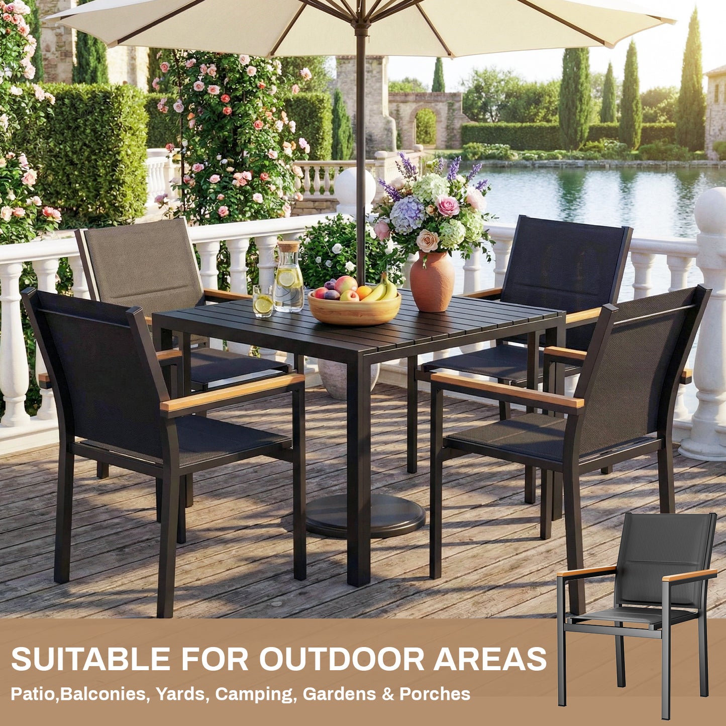 LIFERUN Patio Chairs Set of 6, Stackable Aluminum Outdoor Chair with Quilted Textilene & WPC Handrail, 17" Seat Height, All Weather Chair for Patio, Balcony, Poolside & Restaurants, Black