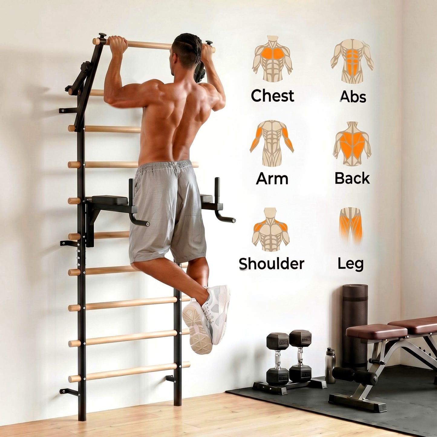 LIFERUN Swedish Ladder Wall Gym, 92" Solid Beechwood Stall Bars, 264lbs Capacity, Adjustable Pull-Up & Dip Bar Attachments, Wall Mounted, 9 Anchor Rods for Home, School, Physical Therapy, Gymnastics