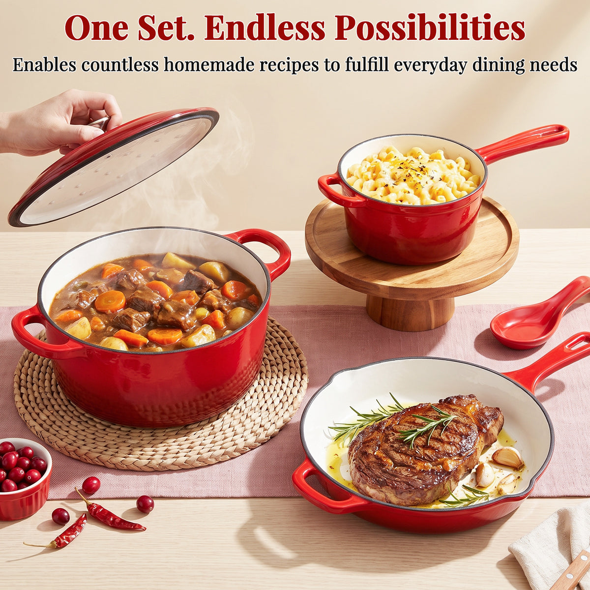 LIFERUN 5Pcs Enameled Cast Iron Cookware Set, Cast Iron Pots and Pans Set, Compatible with Gas, Electric & Induction, Red