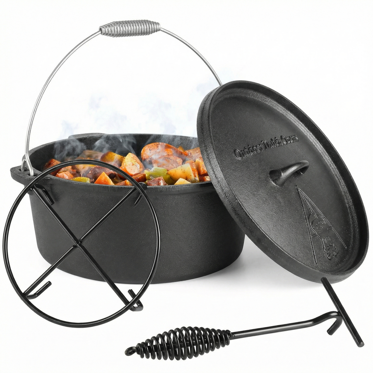 LIFERUN Dutch Oven Pot with Lid, 12 Quart Cast Iron Dutch Oven, without Feet, with Stand, Easy Clean, for Outdoor & Indoor