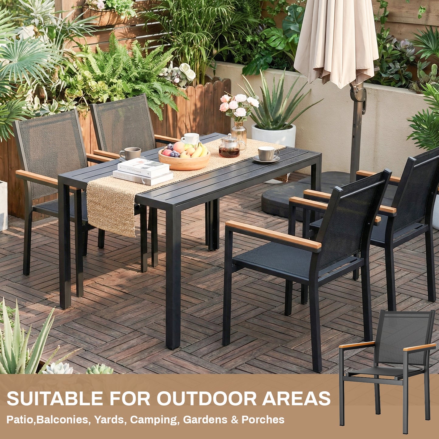 LIFERUN Patio Chairs Set of 2, Stackable Aluminum Dining Chair with Textilene Fabric & WPC Handrail, 17" Seat Height, All Weather Outdoor Chair for Poolside, Balcony, Terrace & Restaurants, Black