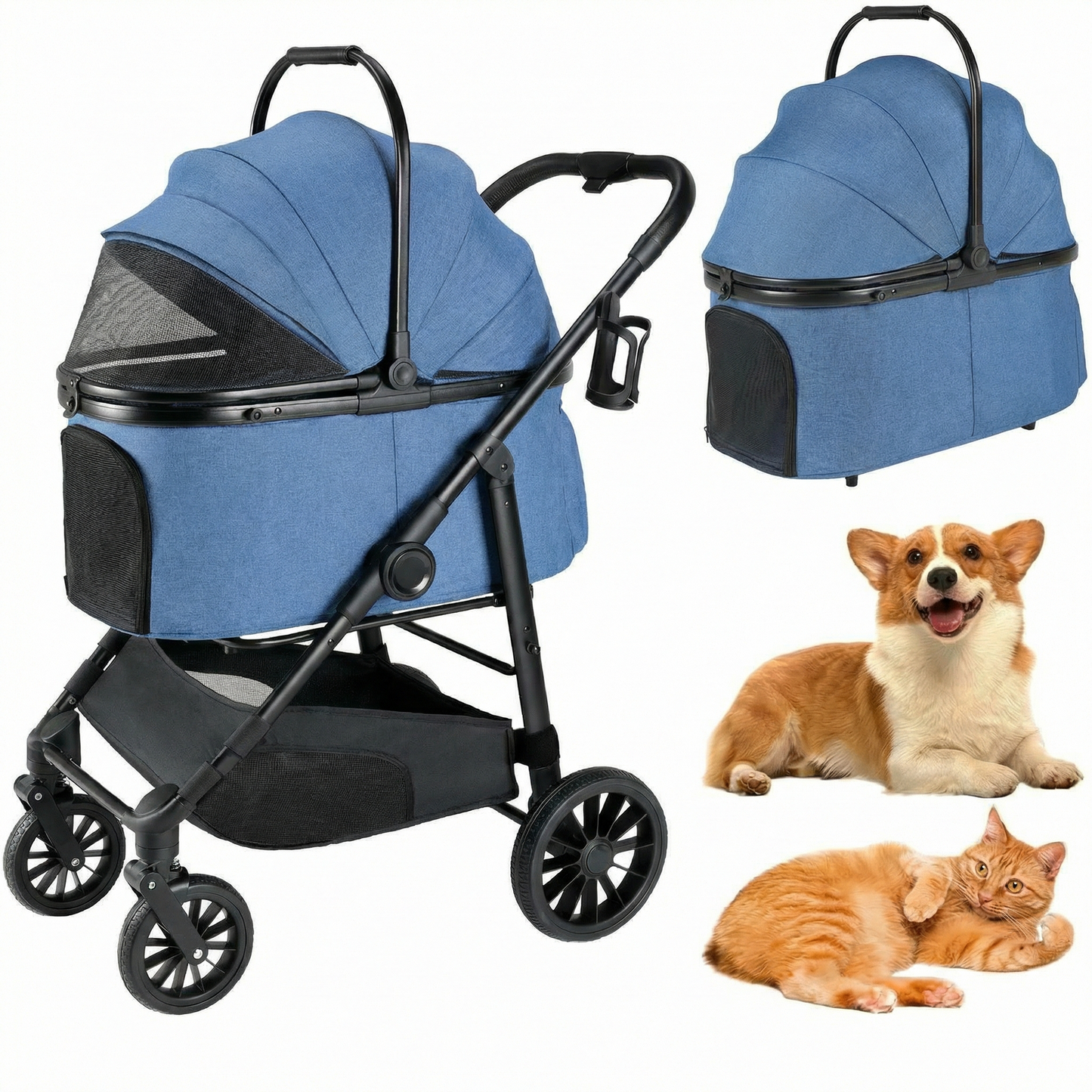 LIFERUN Foldable 4 Wheels Pet Stroller for Small/Medium Dogs Cats up to 55lbs, 3-in-1 Dog Stroller, Detachable Carrier and One-Click Folding Design, Travel Puppy Cart