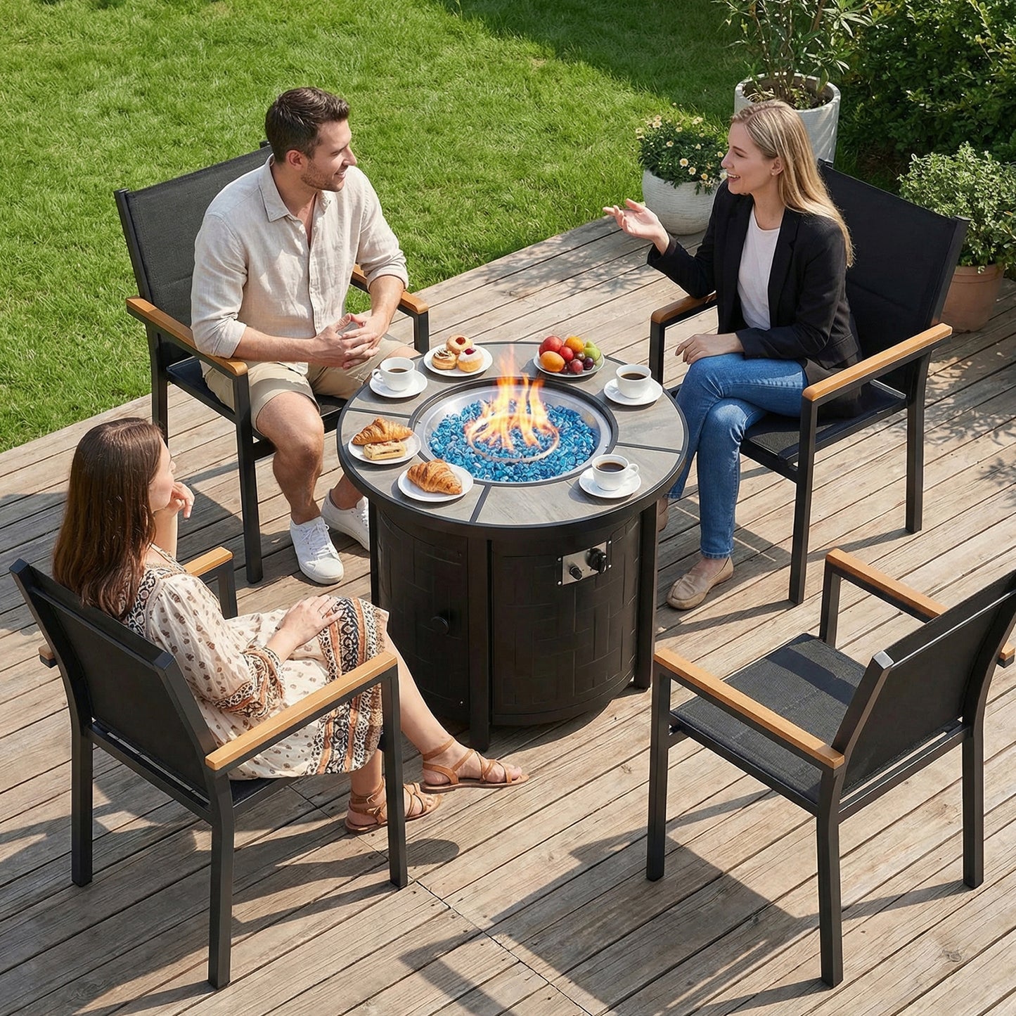 LIFERUN Propane Fire Pit Table 42in, with Waterproof Cover, Blue Stone and Lid, 50,000 BTU Auto-Ignition Round Gas, for Outside Patio