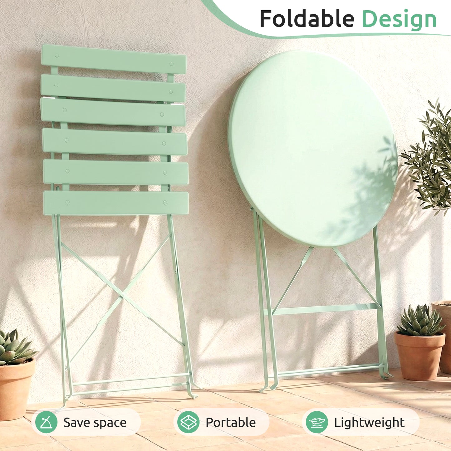 LIFERUN 3-Piece Folding Bistro Set, Outdoor Table and Chairs Set of 2, Weatherproof Patio Furniture for Garden, Balcony, Porch, Green