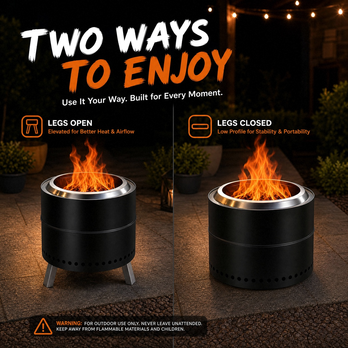 LIFERUN 19.3" Smokeless Stainless Steel Outdoor Fire Pit with Grill & Legs, Portable Fire Pit for Camping & Patio, Wood Burning, with Carrying Bag & Fire Poker