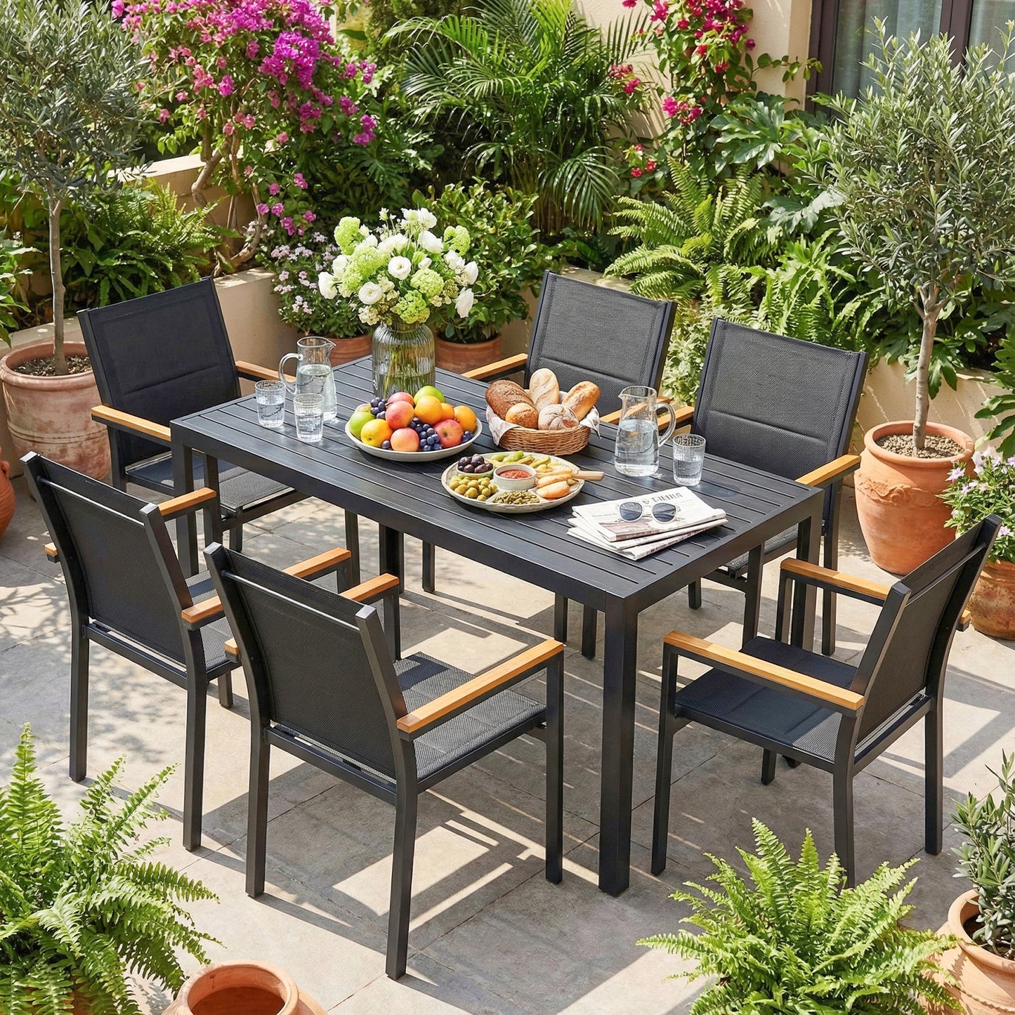 LIFERUN Patio Chairs Set of 6, Stackable Aluminum Outdoor Chair with Quilted Textilene & WPC Handrail, 17" Seat Height, All Weather Chair for Patio, Balcony, Poolside & Restaurants, Black