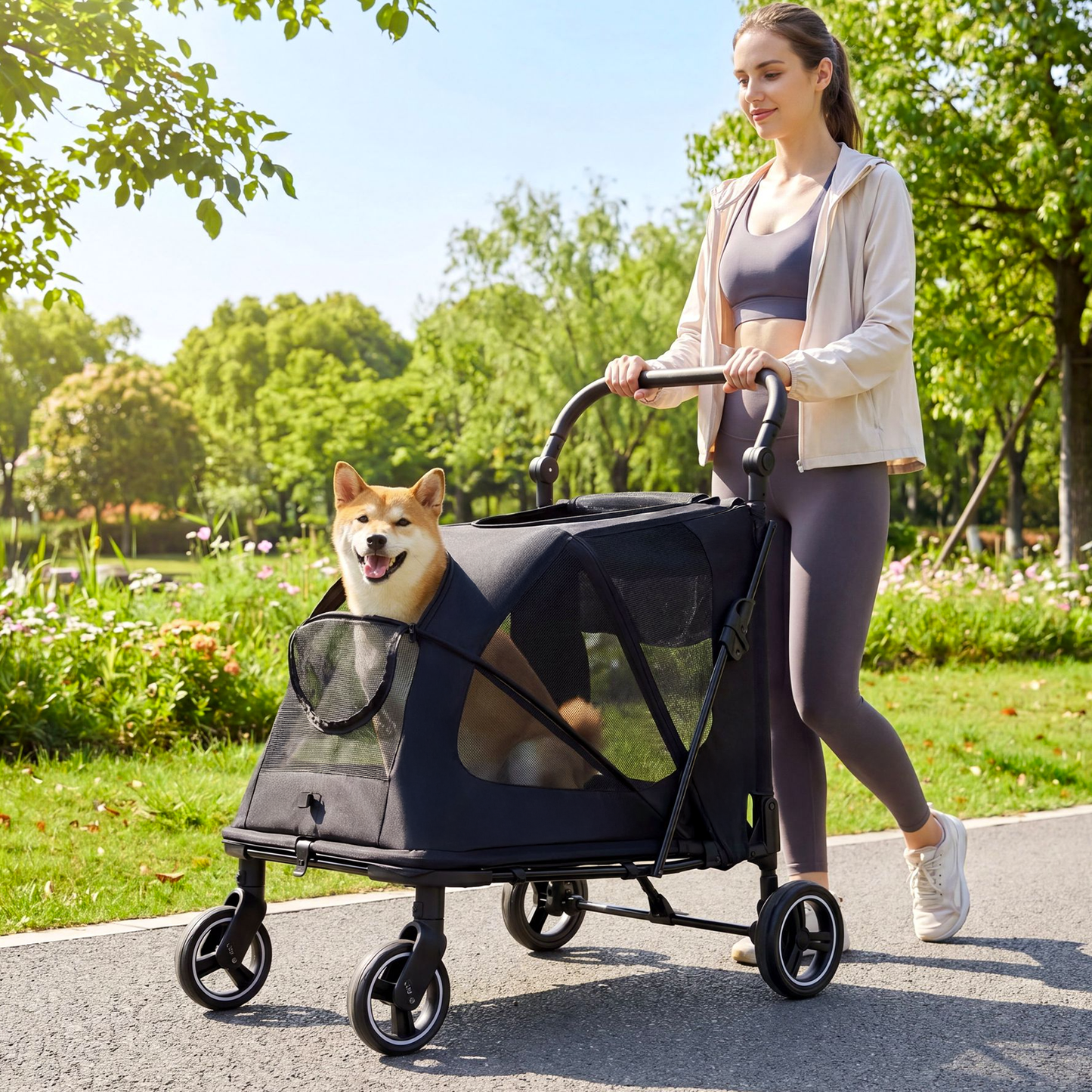 LIFERUN Pet Stroller for Medium & Large Dogs,  Foldable Dog Stroller for 2 Small Dogs (Up to 66lbs), All Terrain Dog Wagon Stroller with Dual Entry, One-Step Brake & Adjustable Handle