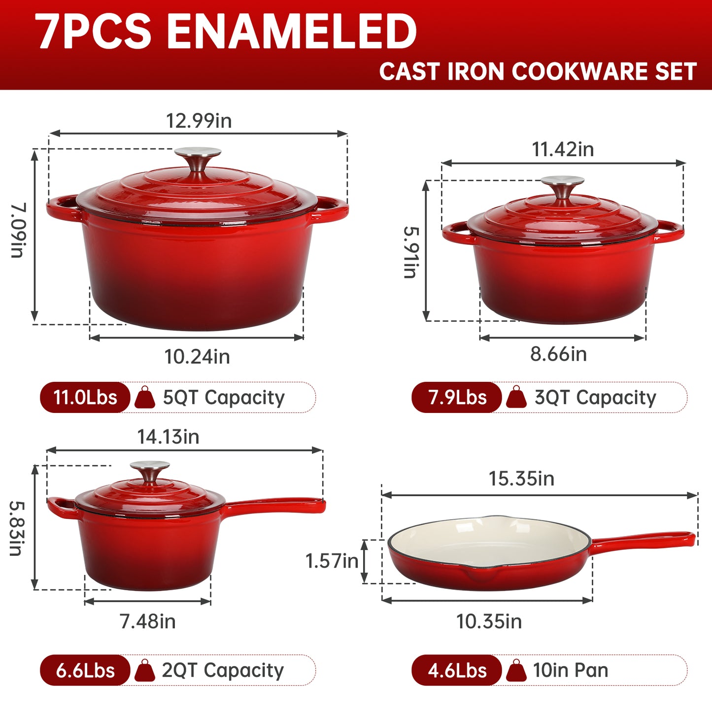 LIFERUN Nonstick Enameled Cast Iron Cookware Set, 7Pcs Pots and Pans, Gas/Induction Dutch Oven Set, Red