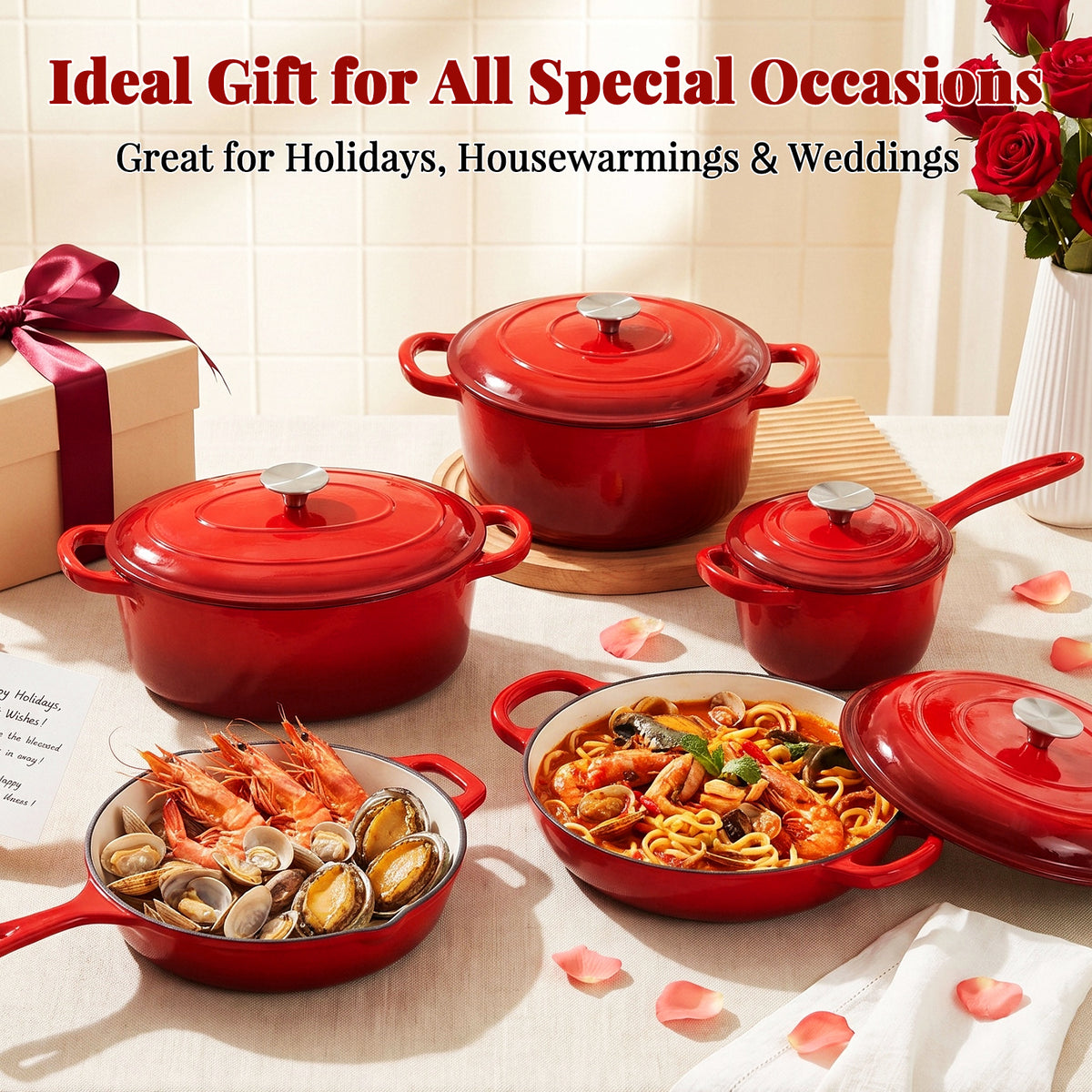 LIFERUN 9Pcs Enameled Cast Iron Cookware Set, Cast Iron Pots and Pans Set, Compatible with Gas, Electric & Induction, Red