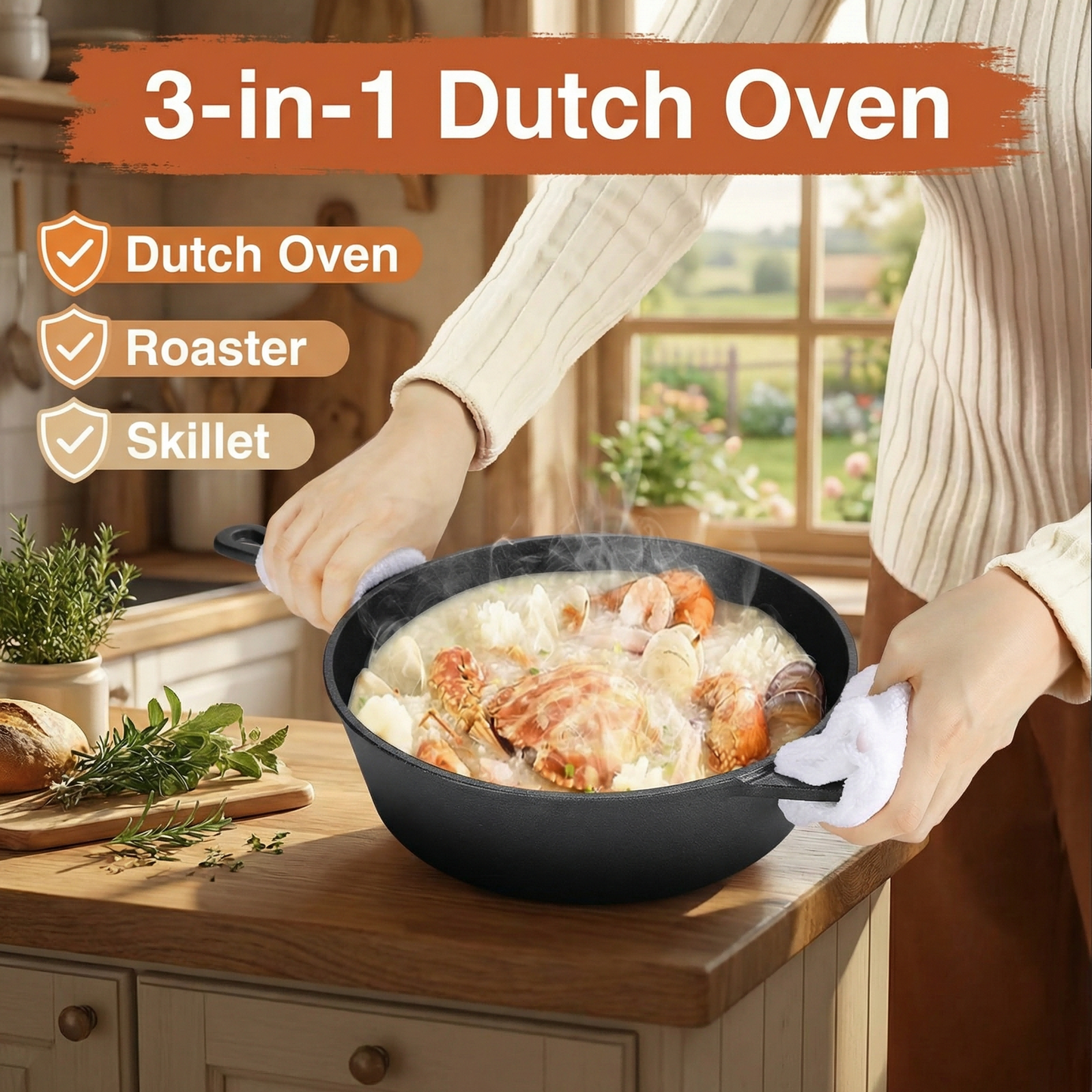 LIFERUN 2-in-1 Cast Iron Dutch Oven Pot, with Skillet & Lid - 2.9 Qt Deep Pot + 1.27 Qt Frying Pan, Easy Clean, for Oven, Stove, Grill, Campfire