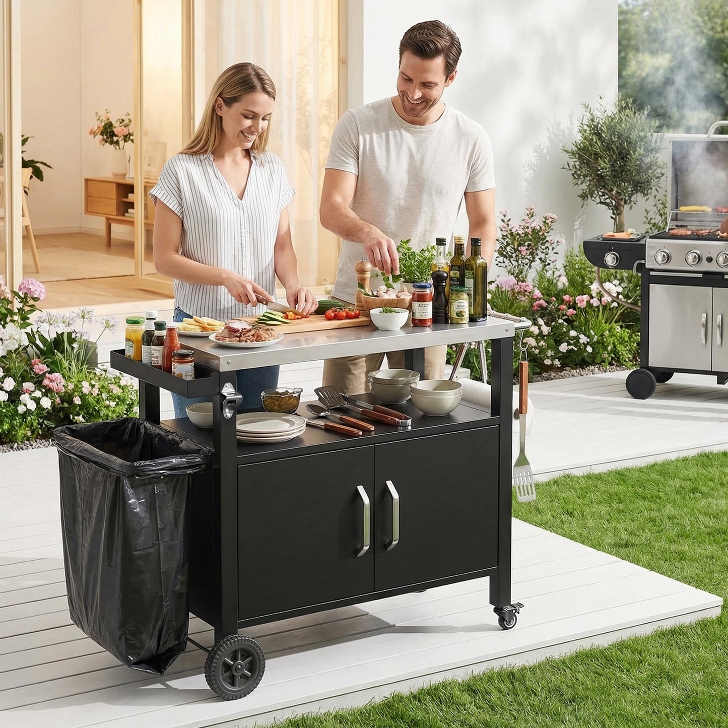 LIFERUN Outdoor Grill Cart with Storage Cabinet, Outdoor Grill Station with Stainless Steel Top, for Outside Dining, BBQ Food Prep