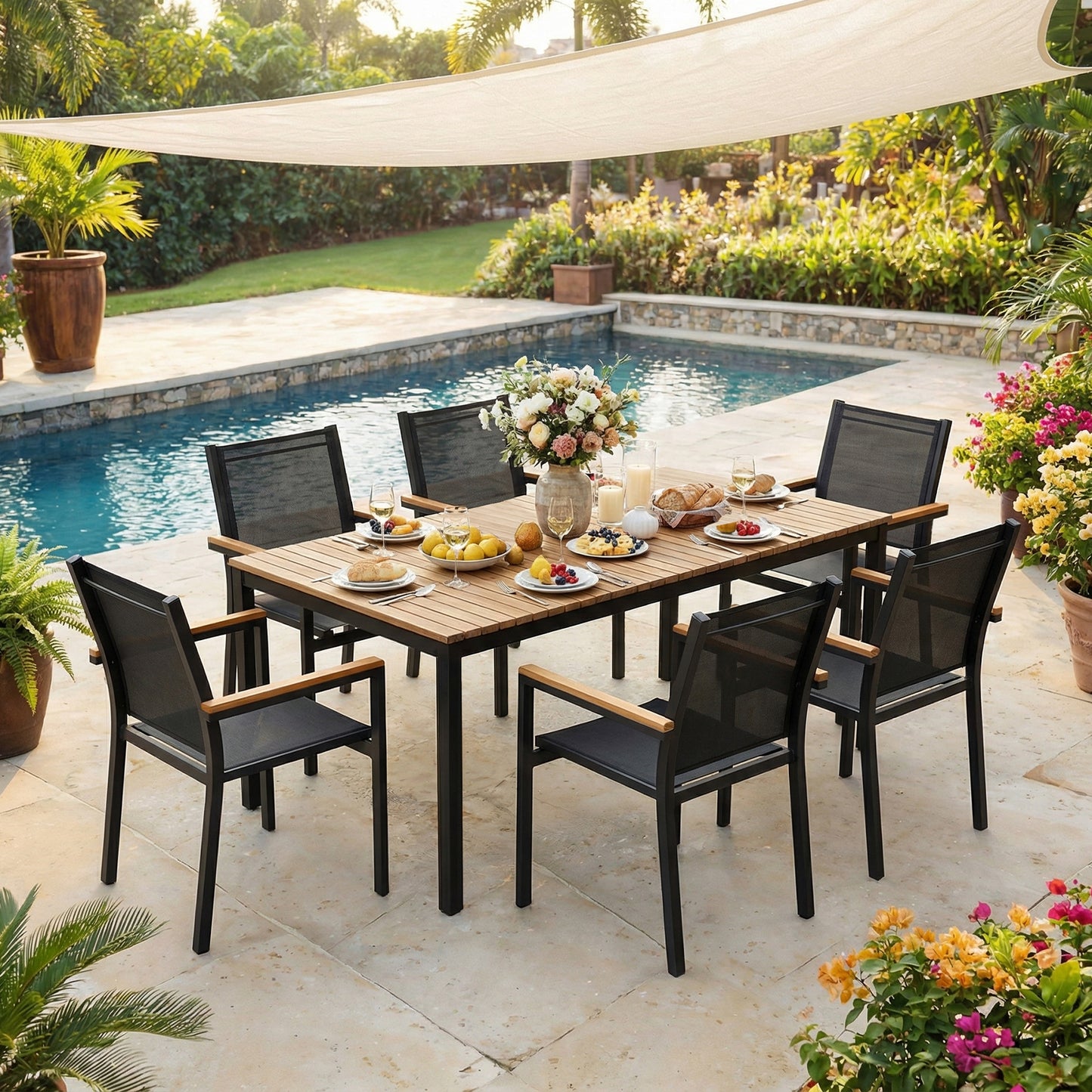 LIFERUN Patio Chairs Set of 2, Stackable Aluminum Dining Chair with Textilene Fabric & WPC Handrail, 17" Seat Height, All Weather Outdoor Chair for Poolside, Balcony, Terrace & Restaurants, Black