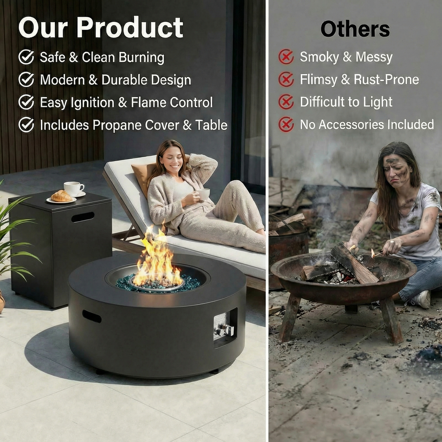 LIFERUN 30in Outdoor Propane Fire Pit Table,2 in 1 Round Gas Fire Pit Table,50,000 BTU,Rain Cover, for Patio,Deck,Backyard,Garden,Pool, Black