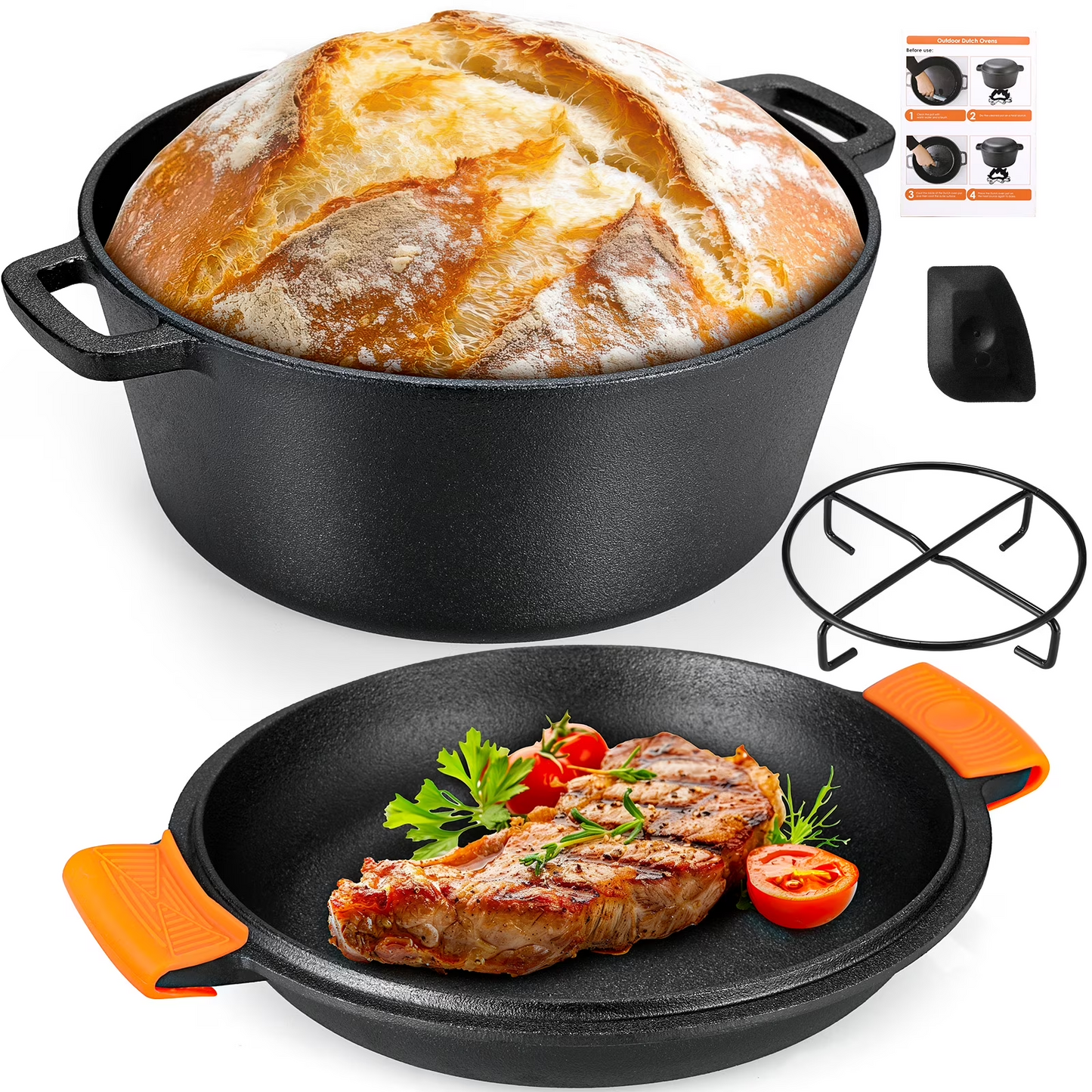 LIFERUN Cast Iron Dutch Oven Pot with Lid, Pot (5.1QT) and Lid as a Skillet(1.9QT) - Dutch Oven Cast Iron with Silicone Holders, Iron Stand, for Oven, Stove, Grill，Campfire