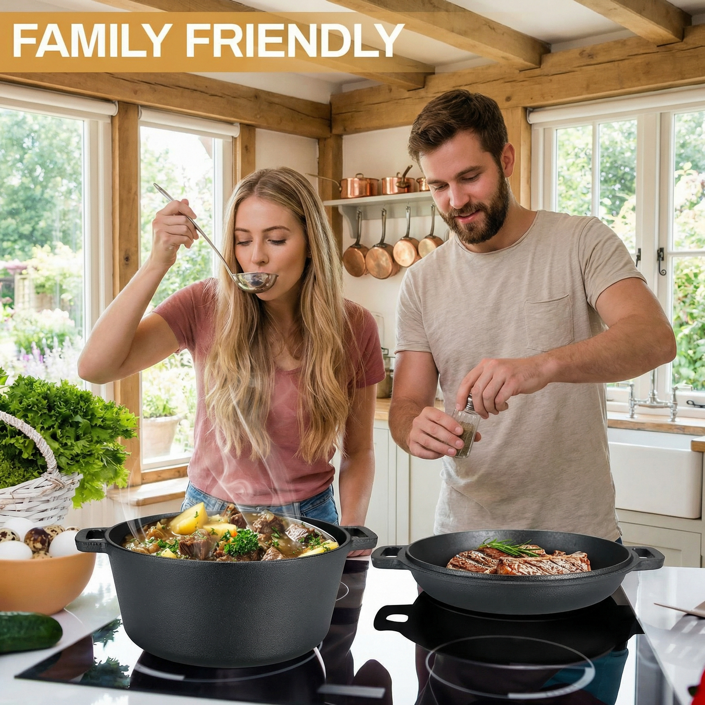 LIFERUN Cast Iron Dutch Oven Pot with Lid, Pot (5.1QT) and Lid as a Skillet(1.9QT) - Dutch Oven Cast Iron with Silicone Holders, Iron Stand, for Oven, Stove, Grill，Campfire