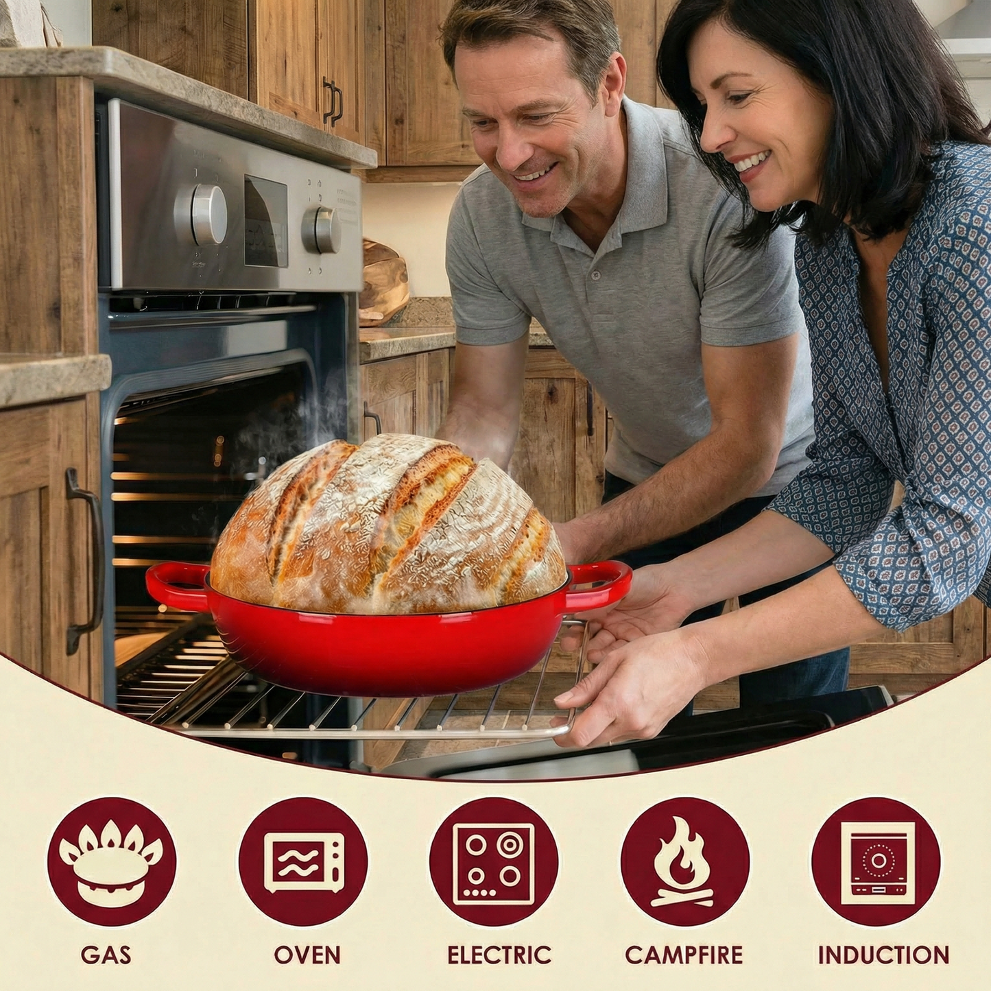 LIFERUN 6qt Enameled Dutch Oven Cast Iron for Bread Baking, Dome-Shaped Bread Oven Pot, Non-stick, Easy Clean