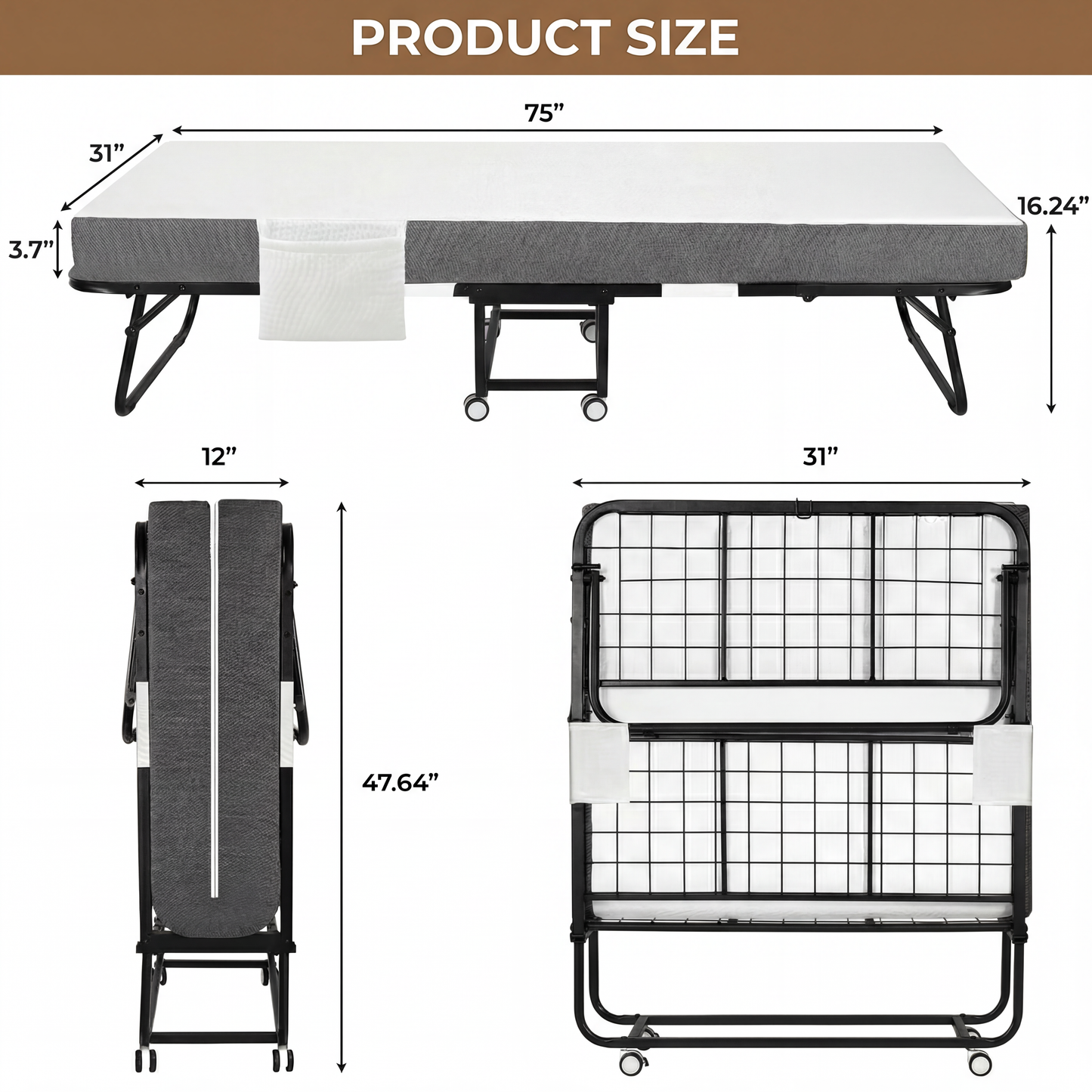 LIFERUN Portable Folding Bed - 75" x 31" Rollaway Bed with Memory Foam Mattress, Sturdy Metal Frame, for Bedroom, Office, Camp