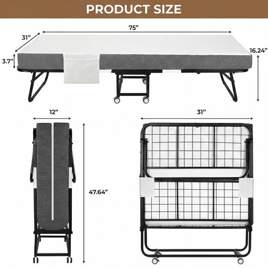 LIFERUN Portable Folding Bed - 75" x 31" Rollaway Bed with Memory Foam Mattress, Sturdy Metal Frame, for Bedroom, Office, Camp