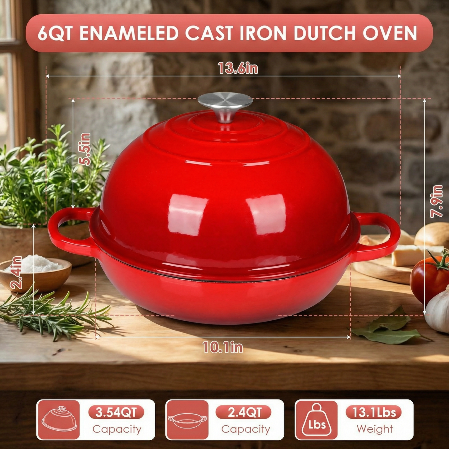LIFERUN 6qt Enameled Dutch Oven Cast Iron for Bread Baking, Dome-Shaped Bread Oven Pot, Non-stick, Easy Clean
