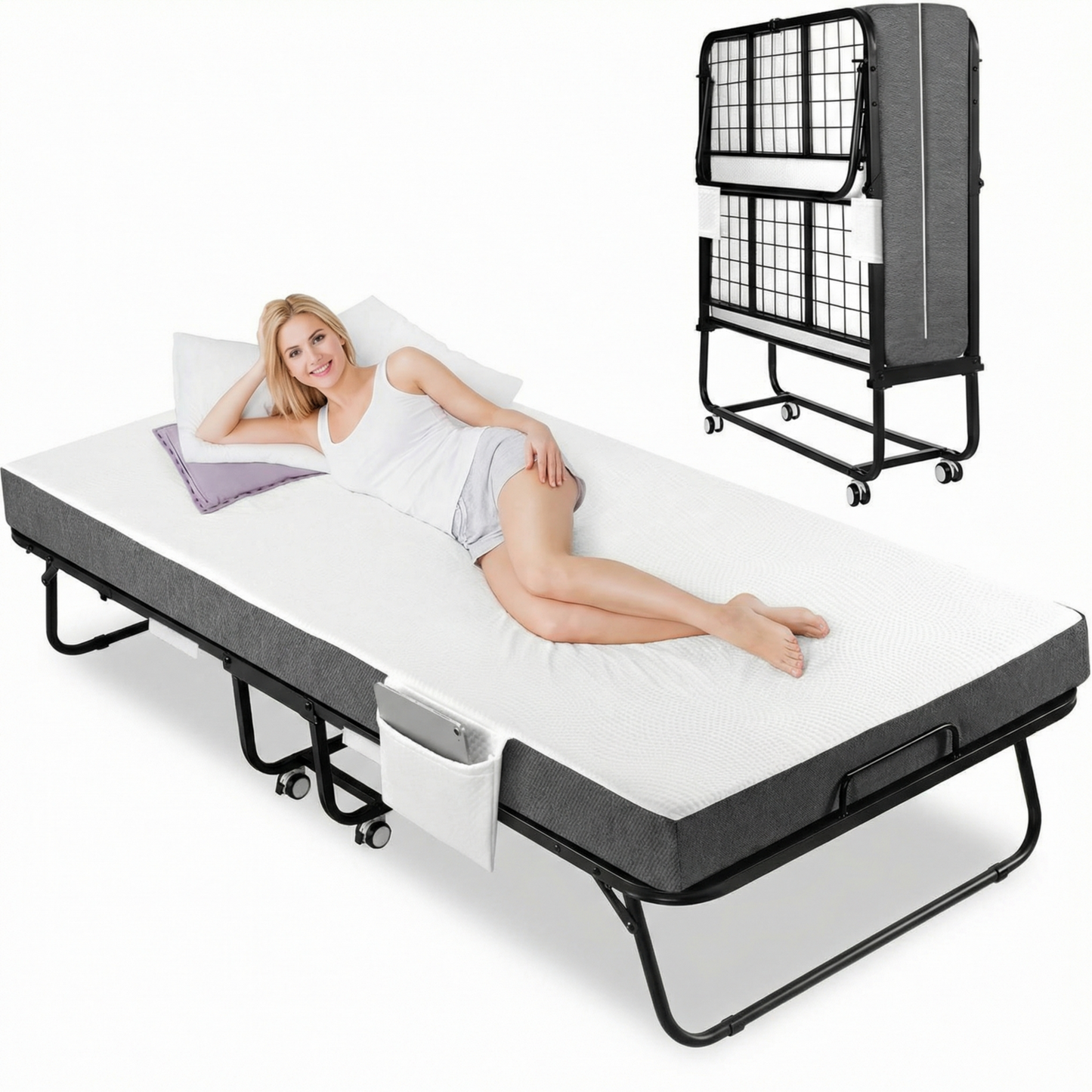 LIFERUN Portable Folding Bed - 75" x 31" Rollaway Bed with Memory Foam Mattress, Sturdy Metal Frame, for Bedroom, Office, Camp
