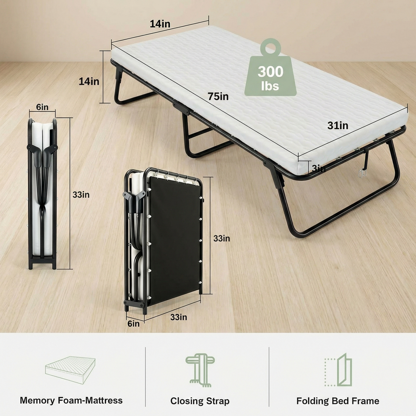 LIFERUN Folding Bed with Memory Foam Mattress for Adults,Portable Bed with Metal Frame, for Bedroom,Office,Camp,No Assembly Required (75" x 31"x14")