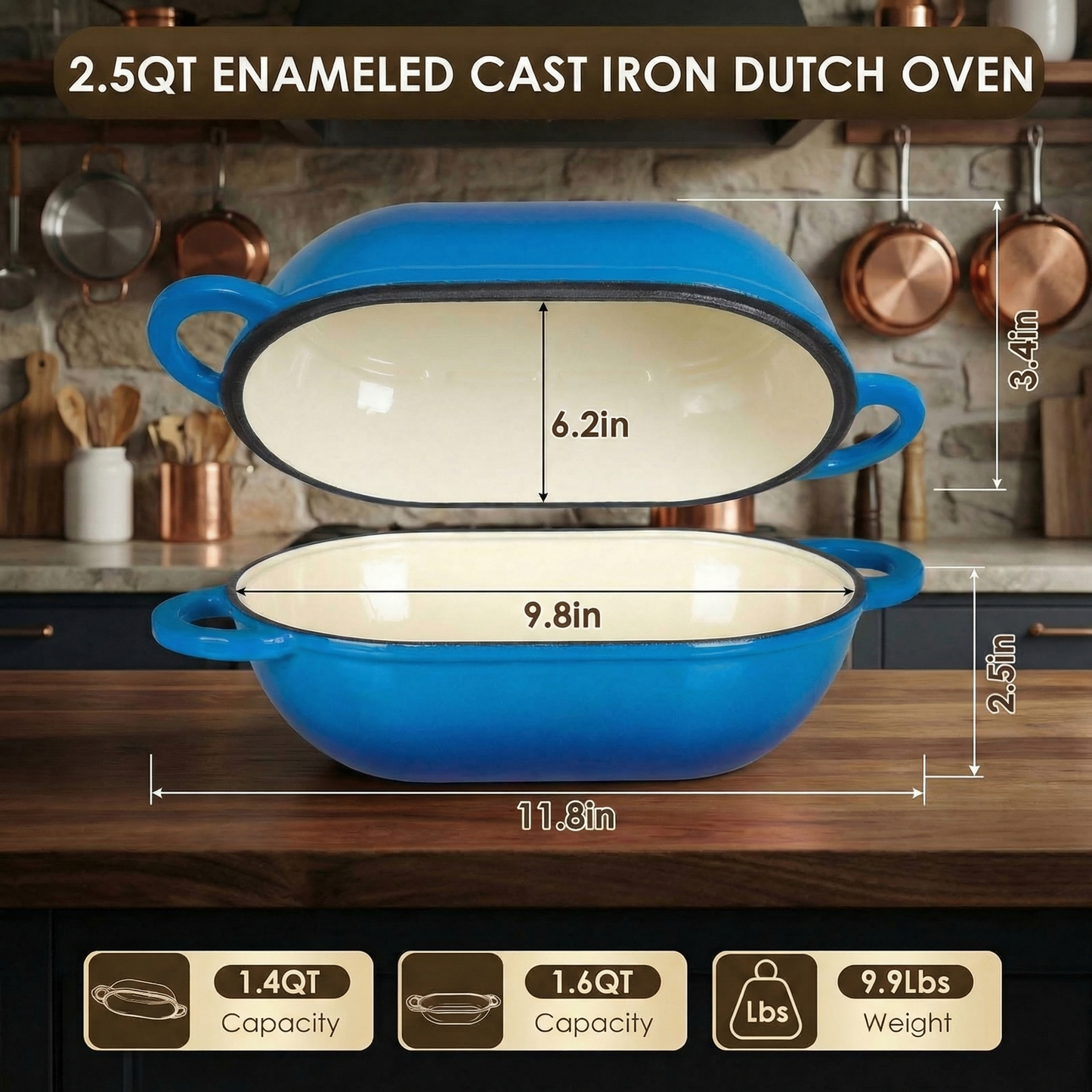 LIFERUN 2.5qt Enameled Cast Iron Dutch Oven for Sourdough Bread Baking, Bread Dutch Oven Pot with Lid, Non-Stick, Easy Clean, Blue