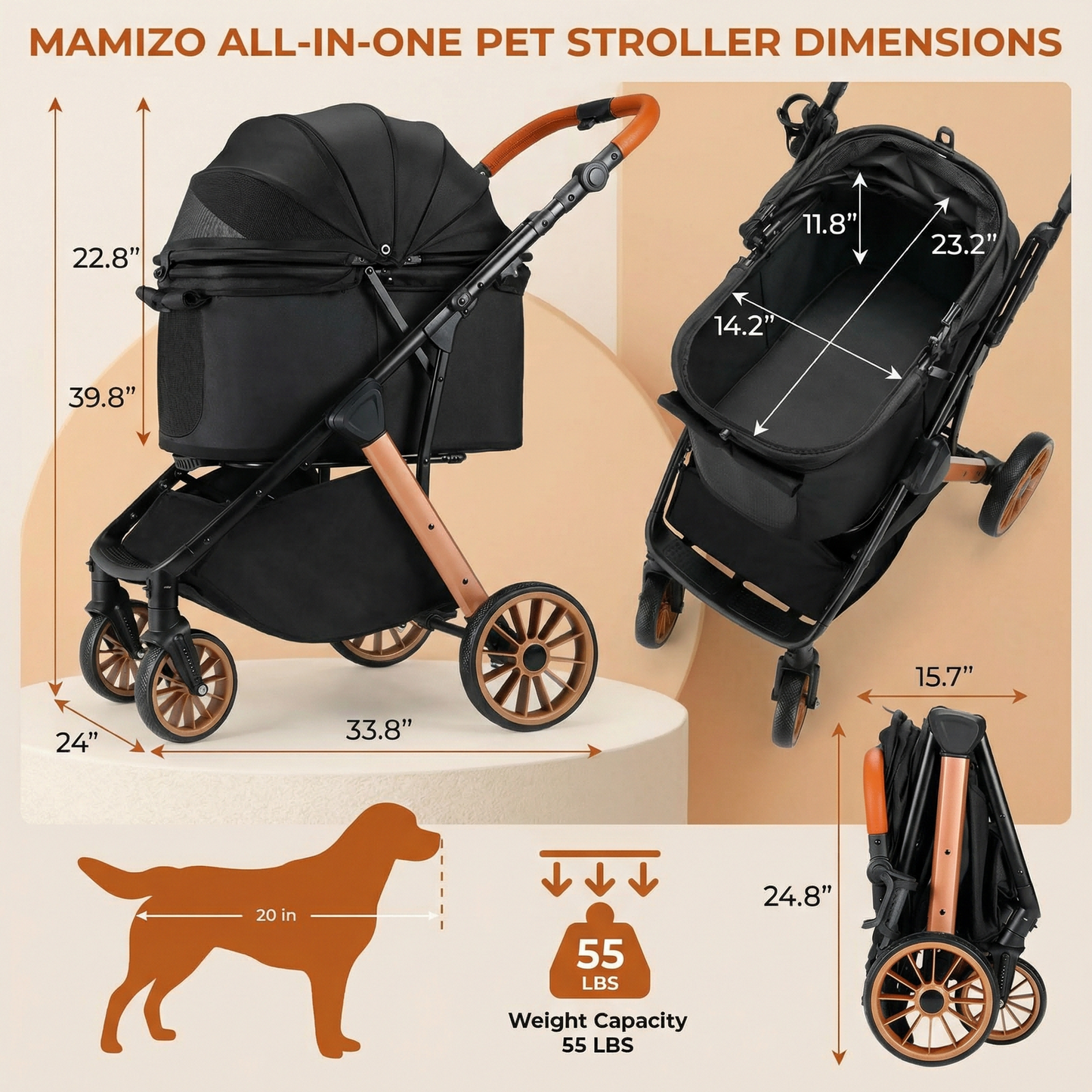 LIFERUN Foldable Dog Stroller for Medium Dogs Cats up to 55 lbs, Aluminum and Carbon Steel Frame Pet Stroller, Height-Adjustable Handle, 4 wheels, Black