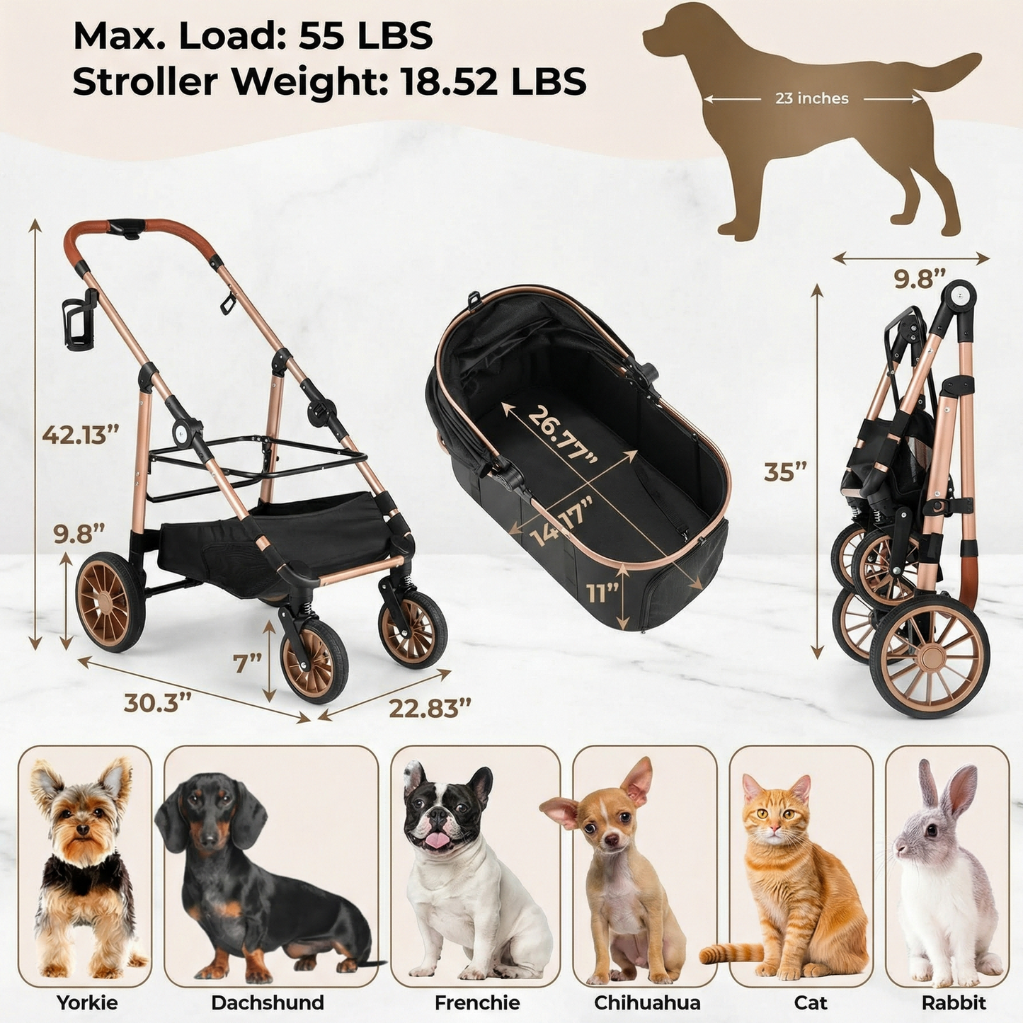 LIFERUN Foldable 4 Wheels Pet Stroller for Small/Medium Dogs Cats up to 55lbs, 3-in-1 Dog Stroller, Detachable Carrier and One-Click Folding Design, Travel Puppy Cart